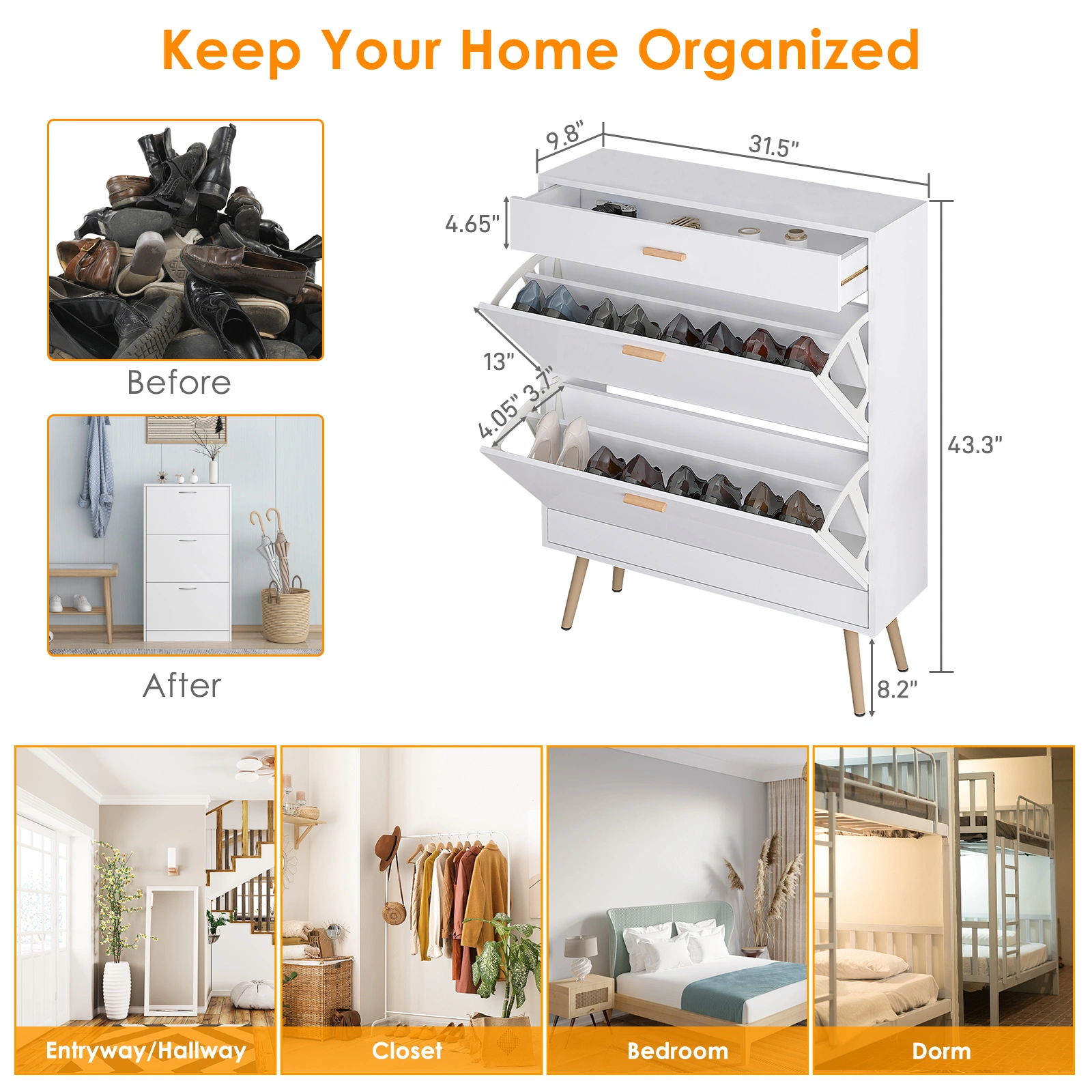 White Entryway Shoe Cabinet - 16 Pair Shoe Rack Storage Organizer with 2 Flip Drawers for Heels Boots Slippers view 10