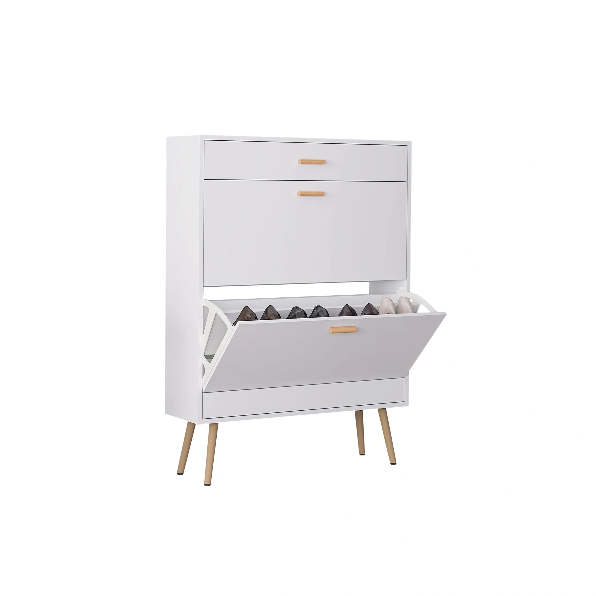 White Entryway Shoe Cabinet - 16 Pair Shoe Rack Storage Organizer with 2 Flip Drawers for Heels Boots Slippers view 2
