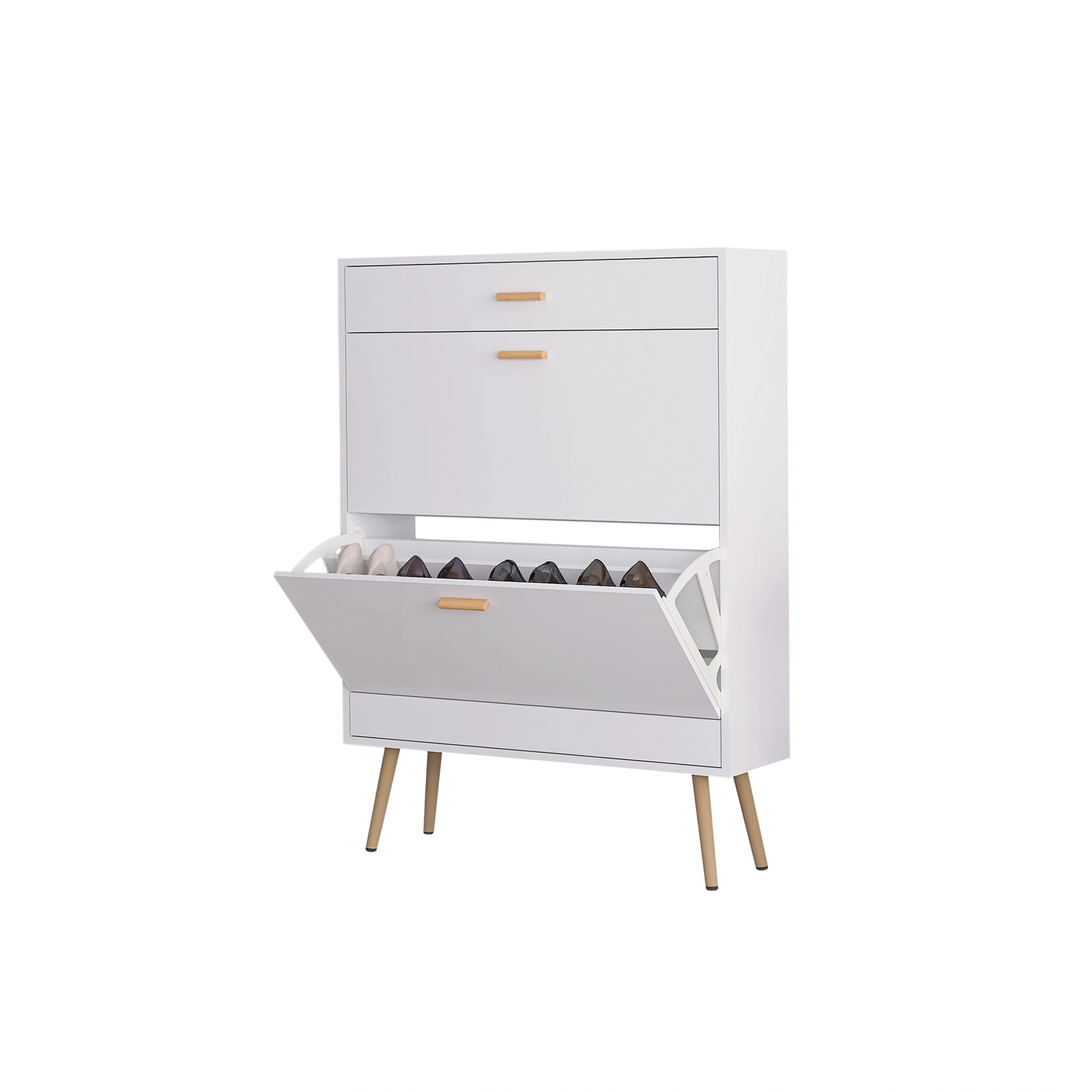 White Entryway Shoe Cabinet - 16 Pair Shoe Rack Storage Organizer with 2 Flip Drawers for Heels Boots Slippers view 3