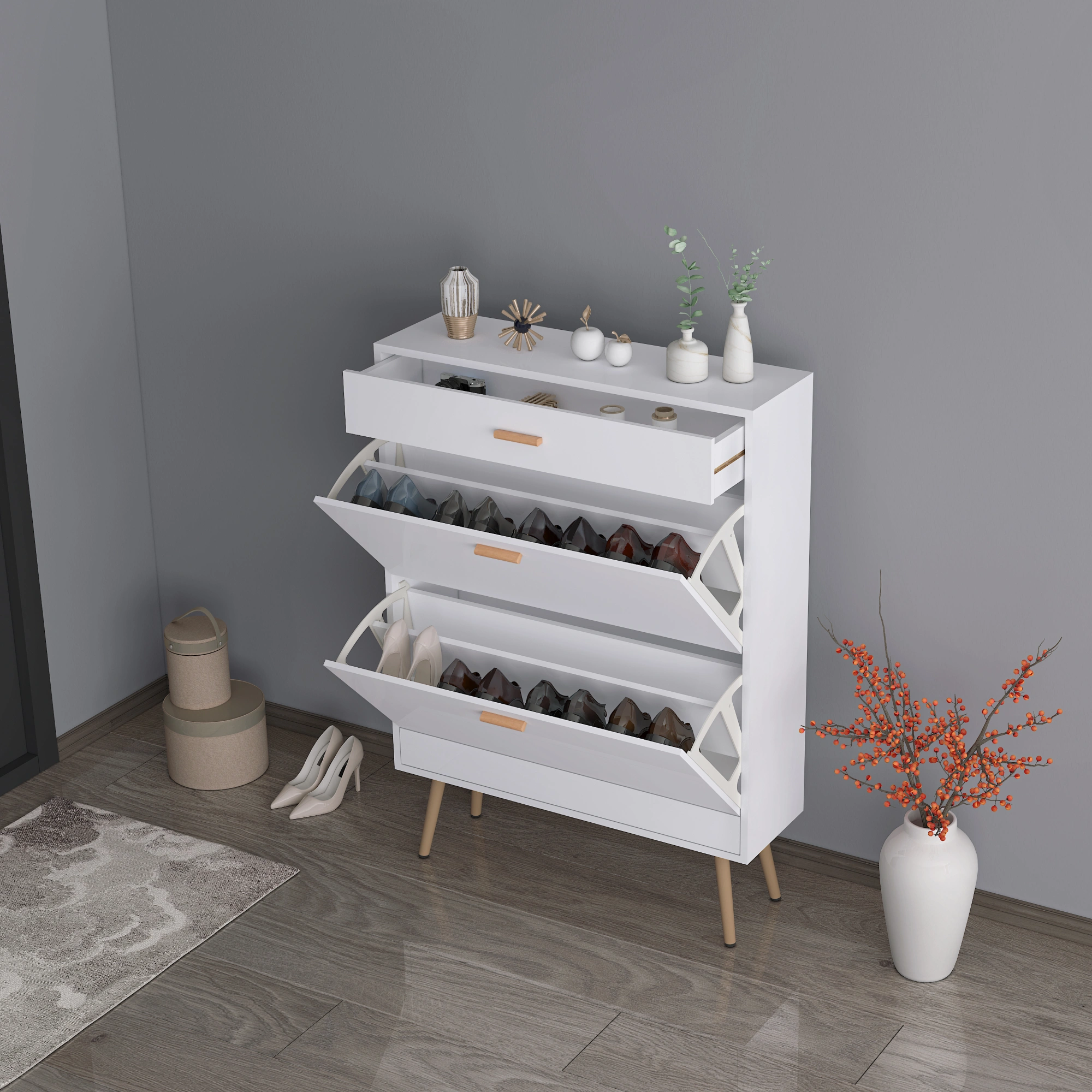 White Entryway Shoe Cabinet - 16 Pair Shoe Rack Storage Organizer with 2 Flip Drawers for Heels Boots Slippers view 4