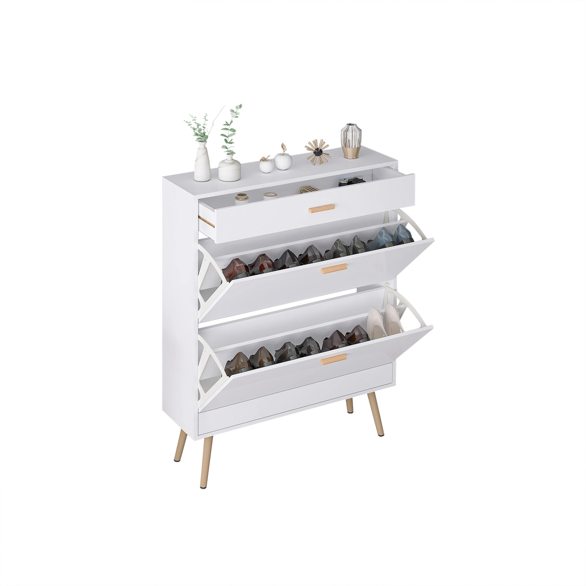 White Entryway Shoe Cabinet - 16 Pair Shoe Rack Storage Organizer with 2 Flip Drawers for Heels Boots Slippers view 5