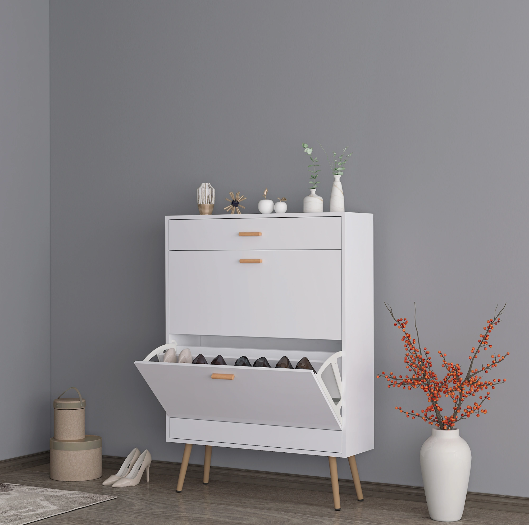 White Entryway Shoe Cabinet - 16 Pair Shoe Rack Storage Organizer with 2 Flip Drawers for Heels Boots Slippers view 8
