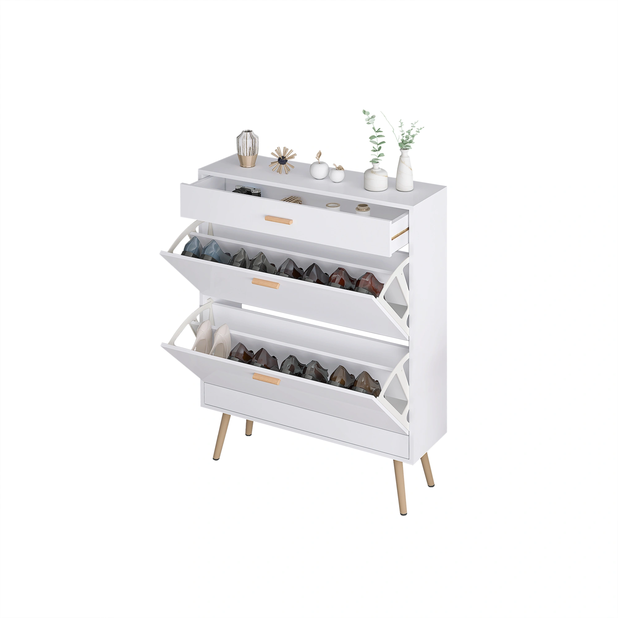 White Entryway Shoe Cabinet - 16 Pair Shoe Rack Storage Organizer with 2 Flip Drawers for Heels Boots Slippers view 9