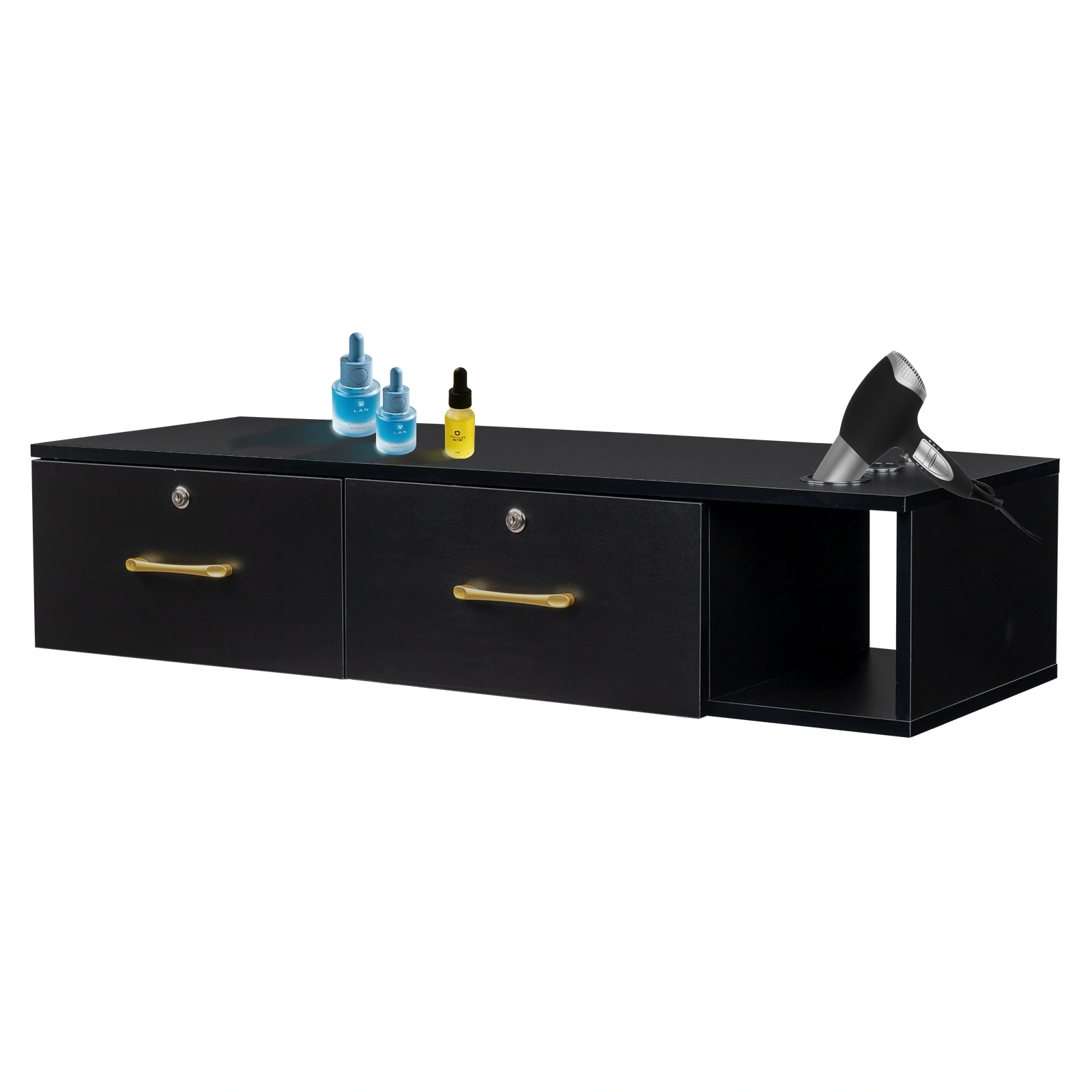 15cm Black E0 Particleboard Salon Cabinet - Hemp Surface, Two Drawers with Three Locking Holes
