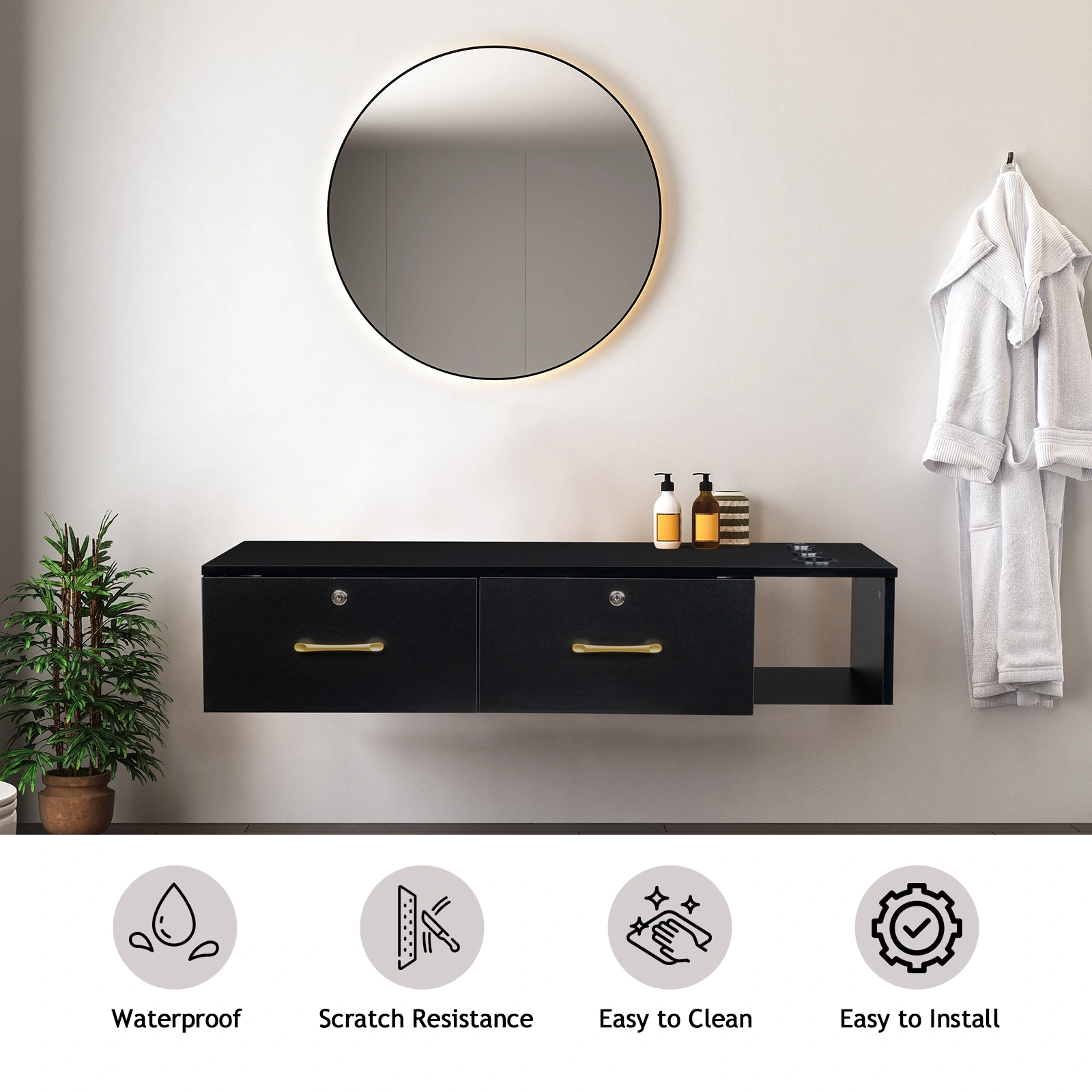 15cm Black E0 Particleboard Salon Cabinet - Hemp Surface, Two Drawers with Three Locking Holes view 14