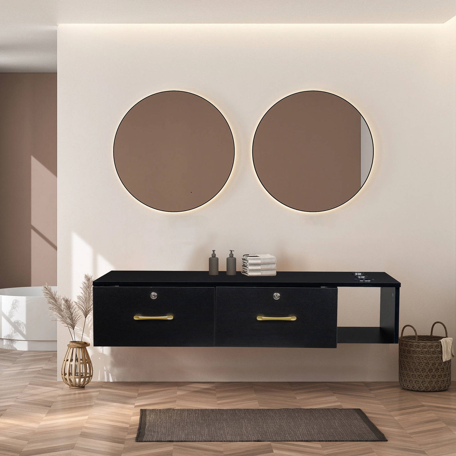15cm Black E0 Particleboard Salon Cabinet - Hemp Surface, Two Drawers with Three Locking Holes view 2