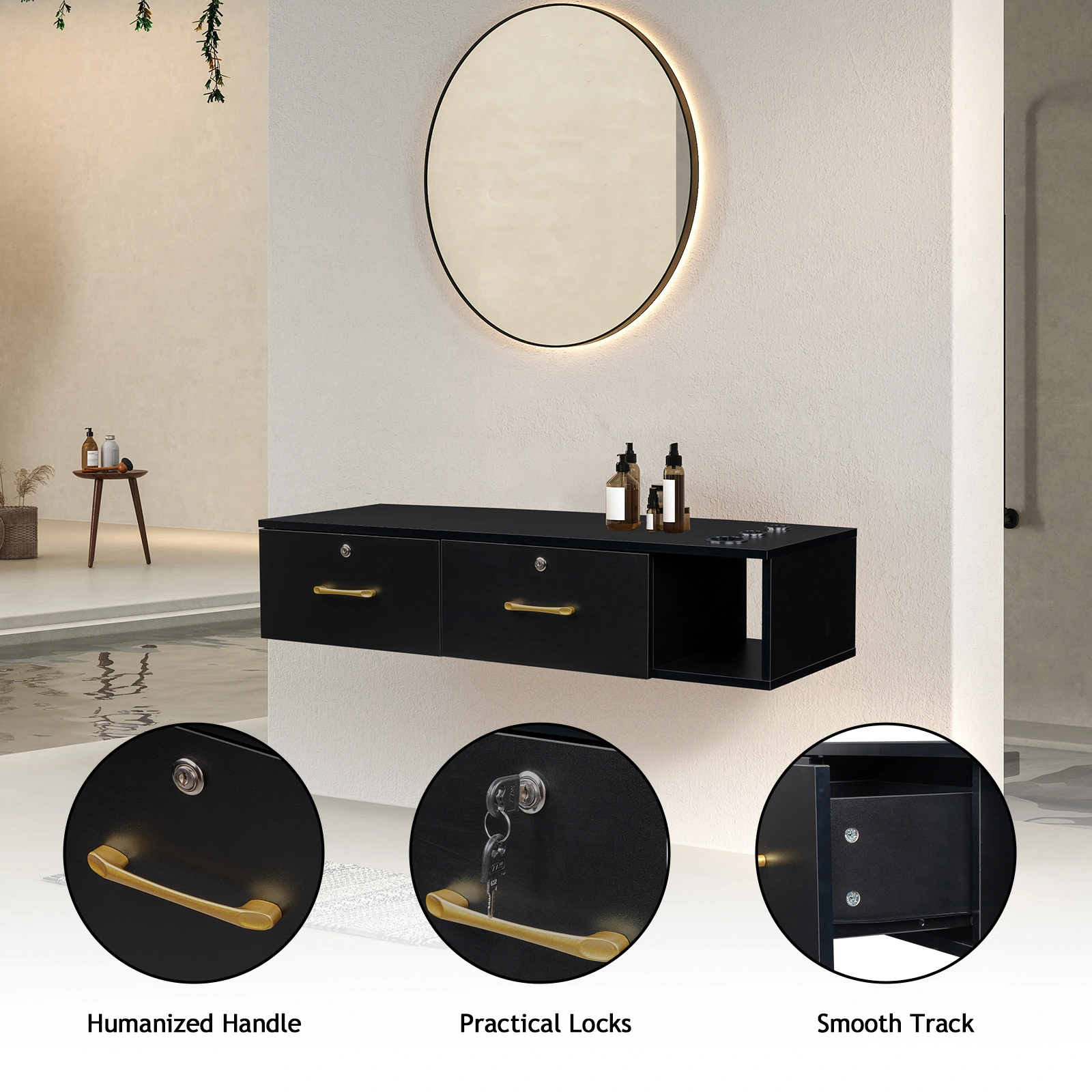 15cm Black E0 Particleboard Salon Cabinet - Hemp Surface, Two Drawers with Three Locking Holes view 3