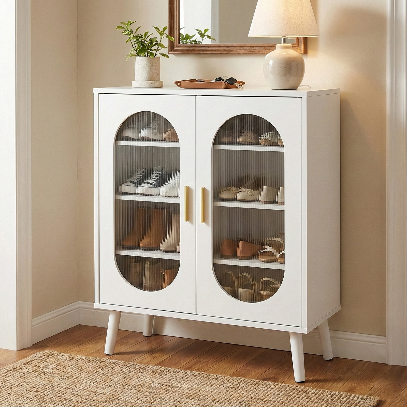 White Two-Door Shoe Cabinet 68x40x83.5cm - 4-Tier Polycarbonate & Particleboard Storage Rack with USB LED Strip, 24 Adjustable Buttons