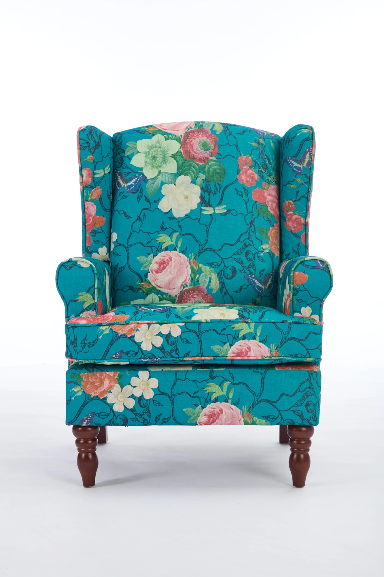 Modern Accent Chair with Retro Wood Legs Comfy Upholstered Armchair Floral Design Single Sofa Chair for Living Room Bedroom Office Floral Cyan