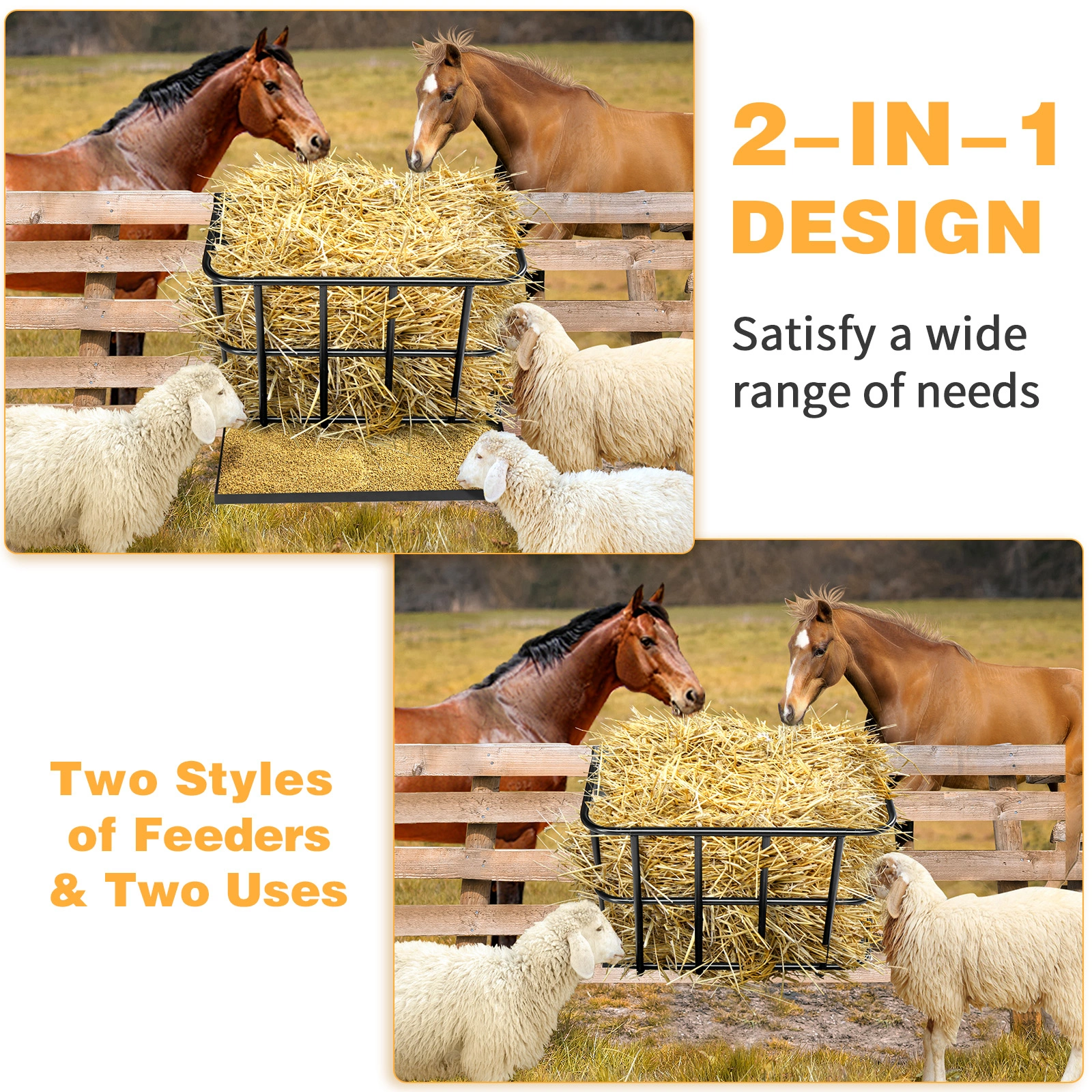 Heavy Duty Steel Hay Feeder 2-in-1 with Detachable Grain Tray, Large Capacity Multi-Sided Goat Sheep Livestock Feeder Rack, Black, Indoor Outdoor view 10