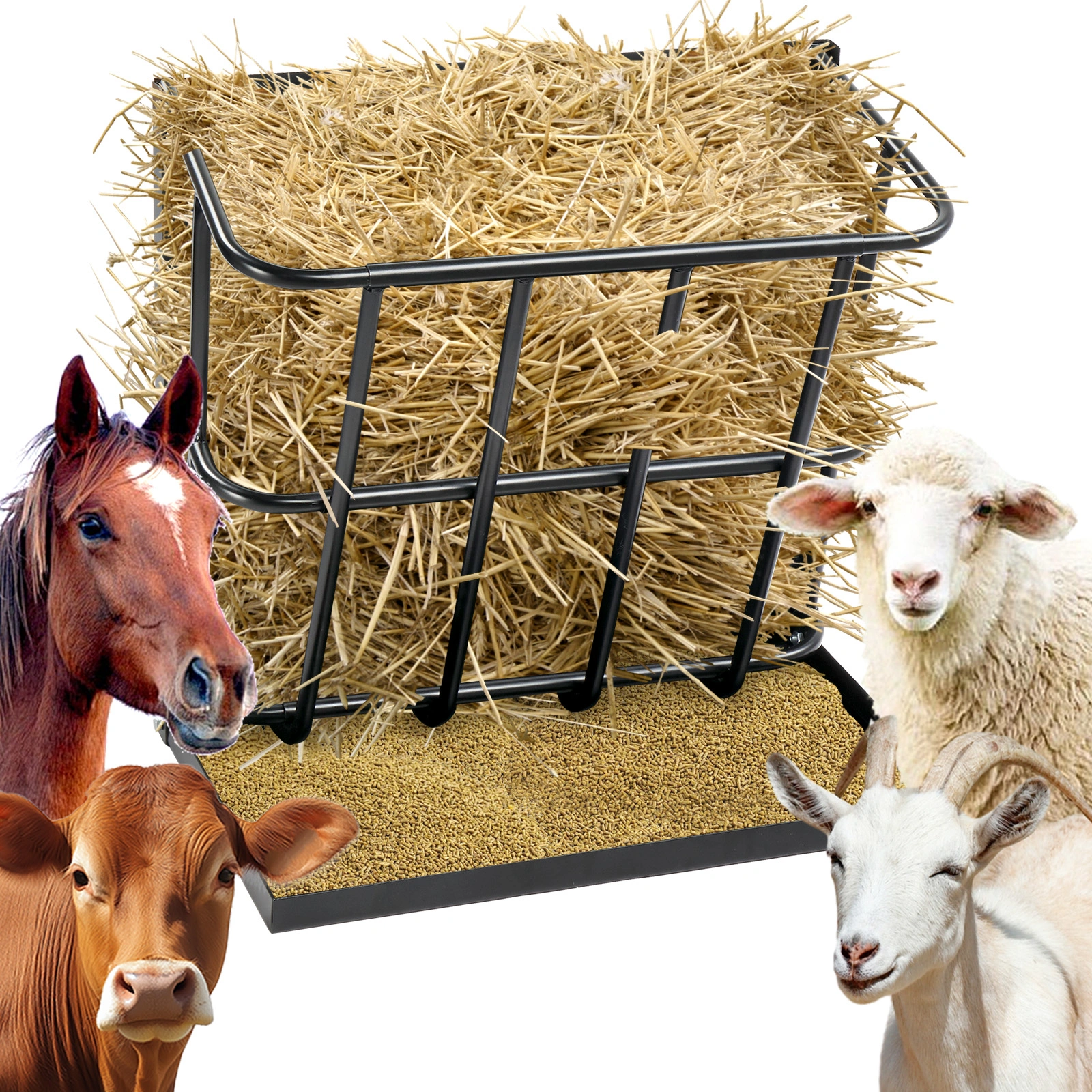 Heavy Duty Steel Hay Feeder 2-in-1 with Detachable Grain Tray, Large Capacity Multi-Sided Goat Sheep Livestock Feeder Rack, Black, Indoor Outdoor view 12