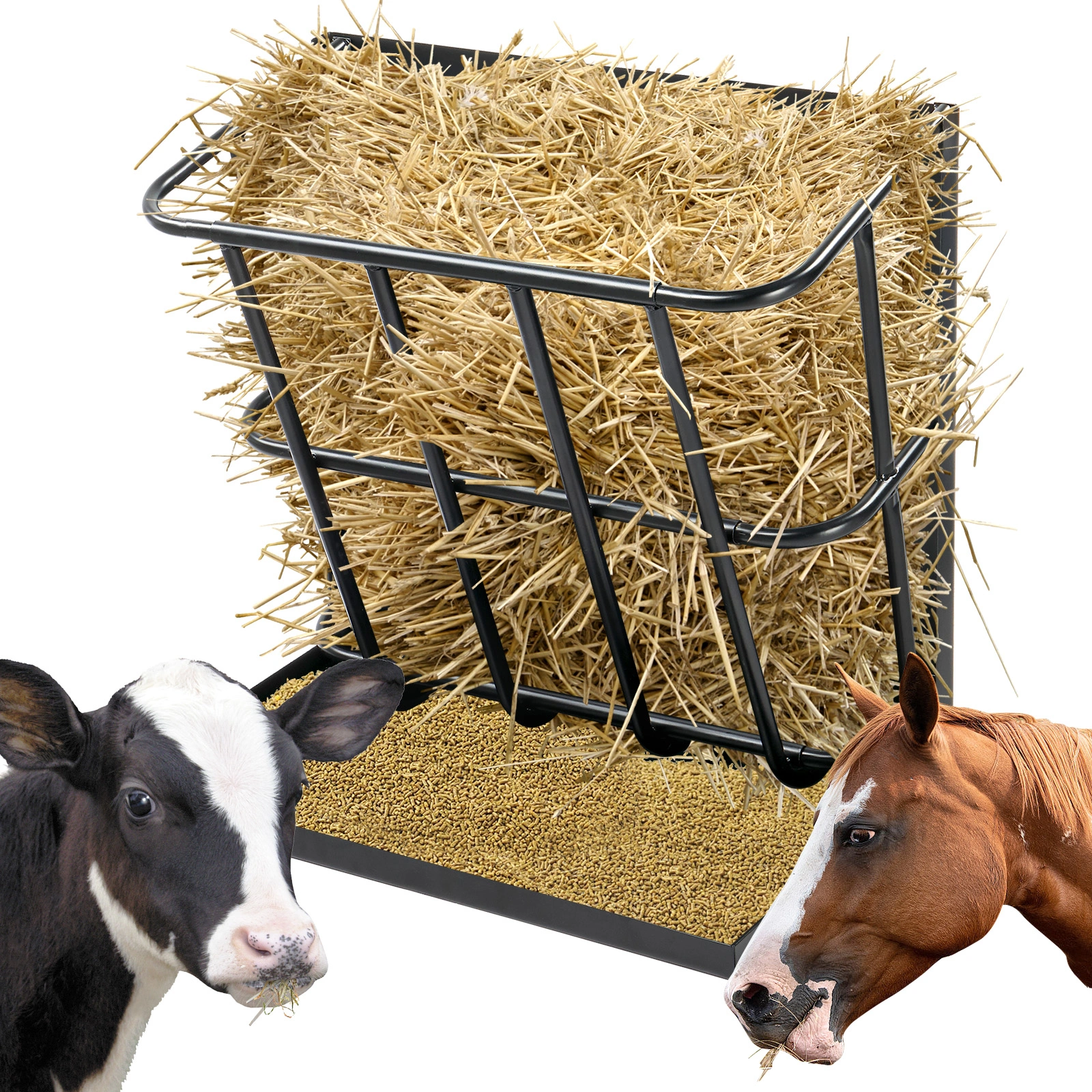 Heavy Duty Steel Hay Feeder 2-in-1 with Detachable Grain Tray, Large Capacity Multi-Sided Goat Sheep Livestock Feeder Rack, Black, Indoor Outdoor view 13