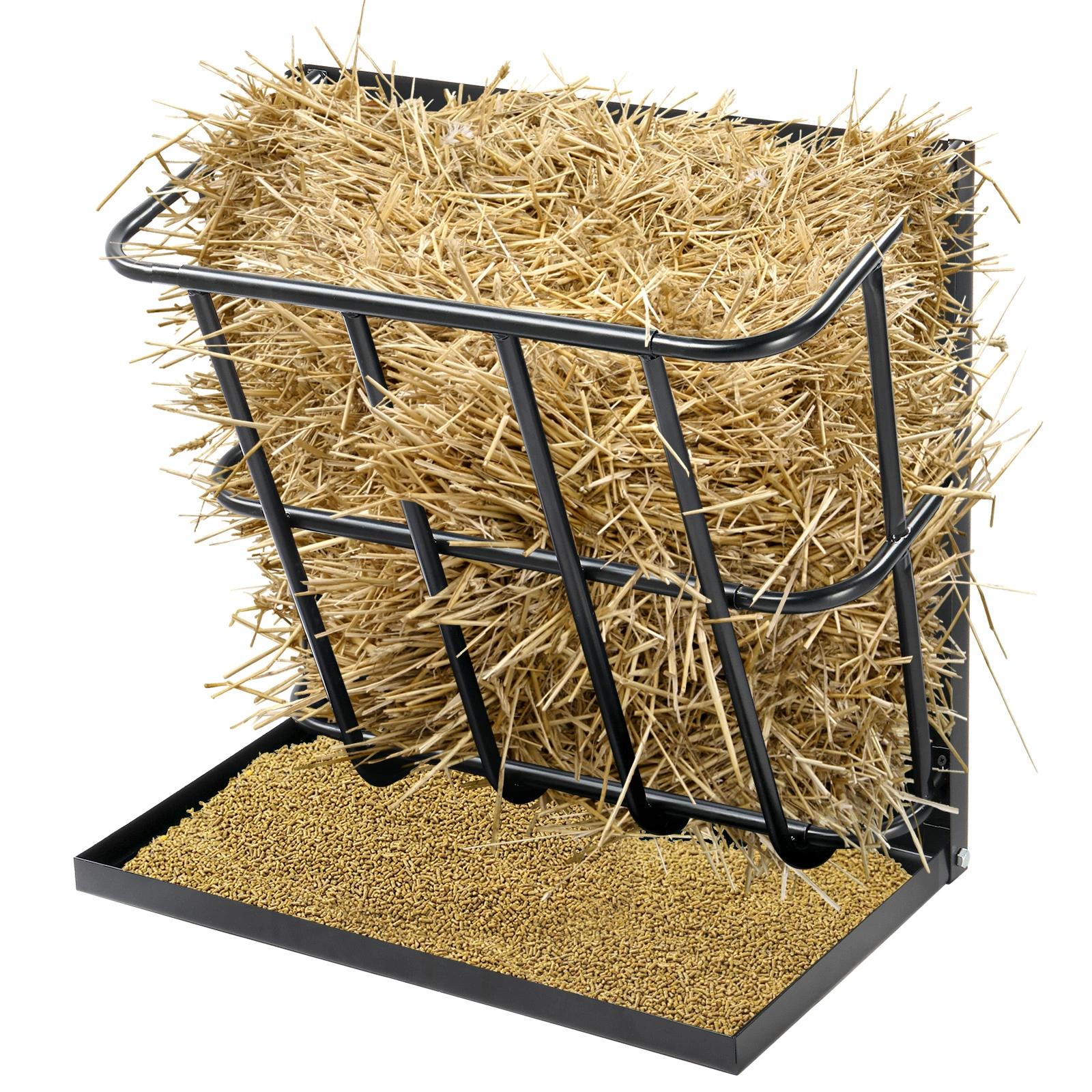 Heavy Duty Steel Hay Feeder 2-in-1 with Detachable Grain Tray, Large Capacity Multi-Sided Goat Sheep Livestock Feeder Rack, Black, Indoor Outdoor view 14