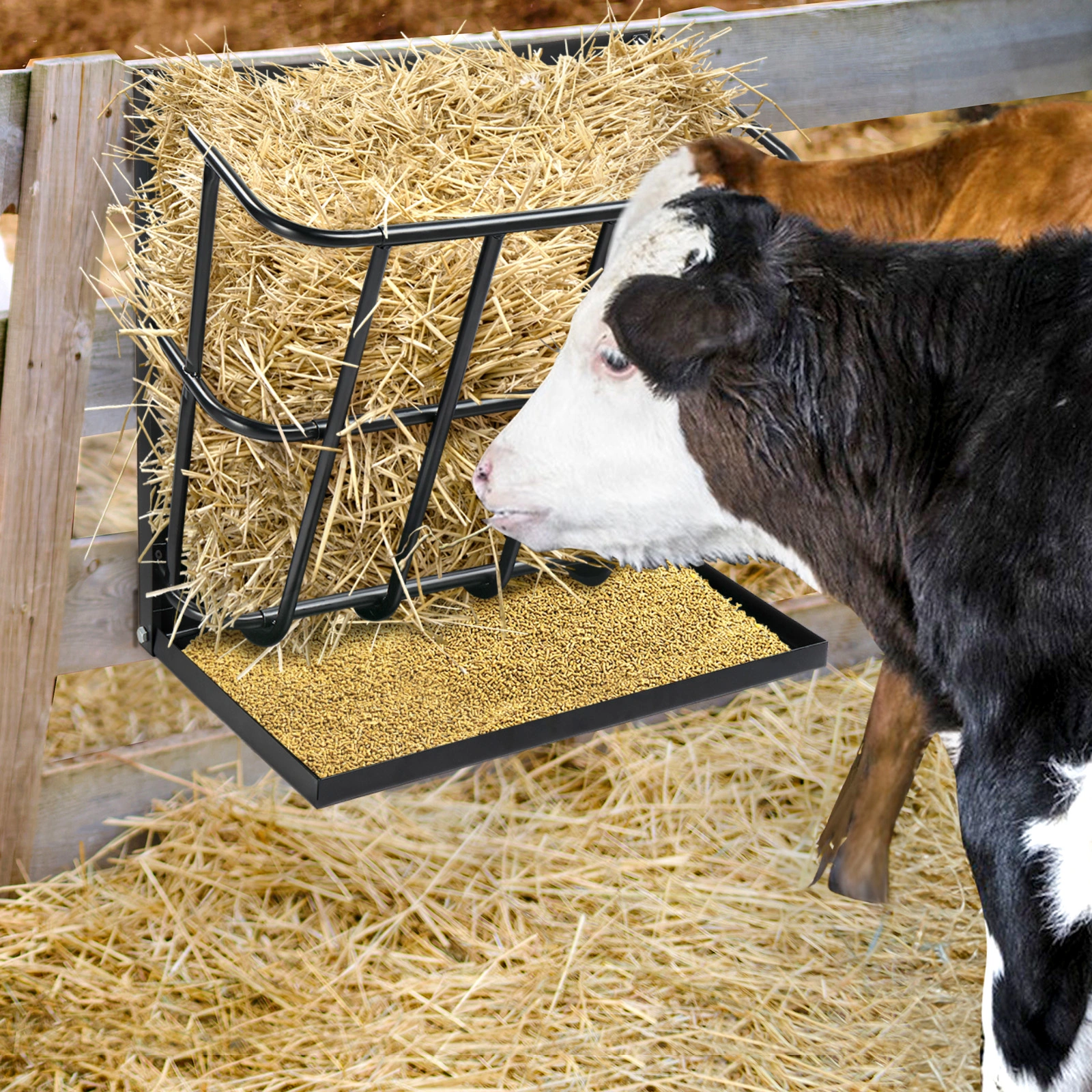 Heavy Duty Steel Hay Feeder 2-in-1 with Detachable Grain Tray, Large Capacity Multi-Sided Goat Sheep Livestock Feeder Rack, Black, Indoor Outdoor view 3