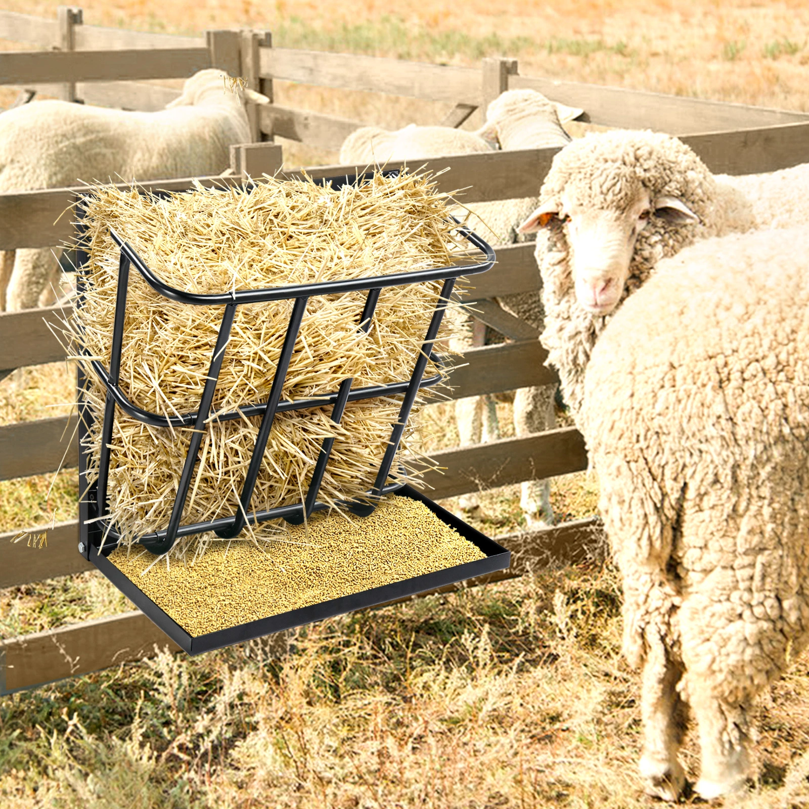 Heavy Duty Steel Hay Feeder 2-in-1 with Detachable Grain Tray, Large Capacity Multi-Sided Goat Sheep Livestock Feeder Rack, Black, Indoor Outdoor view 4