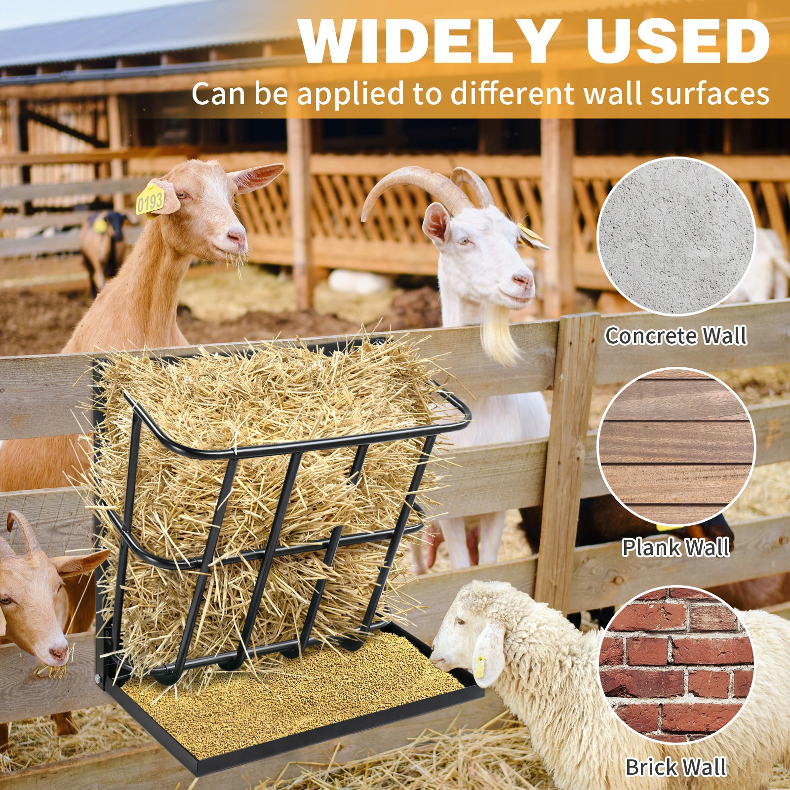 Heavy Duty Steel Hay Feeder 2-in-1 with Detachable Grain Tray, Large Capacity Multi-Sided Goat Sheep Livestock Feeder Rack, Black, Indoor Outdoor view 7