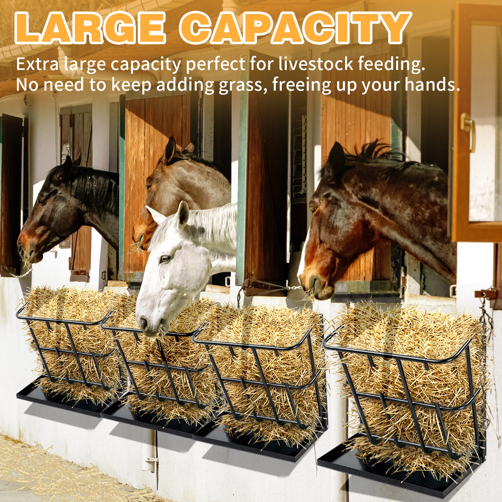 Heavy Duty Steel Hay Feeder 2-in-1 with Detachable Grain Tray, Large Capacity Multi-Sided Goat Sheep Livestock Feeder Rack, Black, Indoor Outdoor view 8
