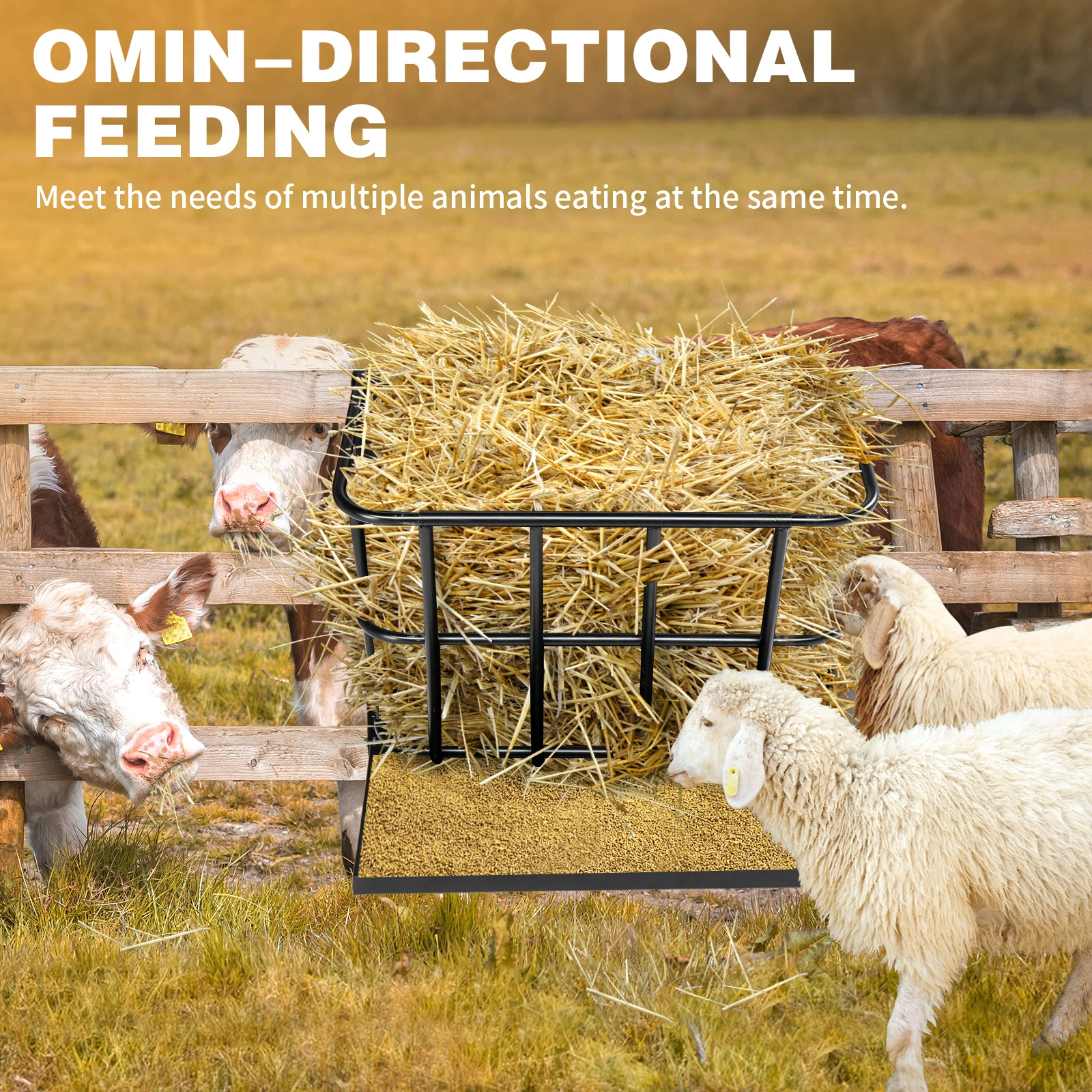 Heavy Duty Steel Hay Feeder 2-in-1 with Detachable Grain Tray, Large Capacity Multi-Sided Goat Sheep Livestock Feeder Rack, Black, Indoor Outdoor view 9