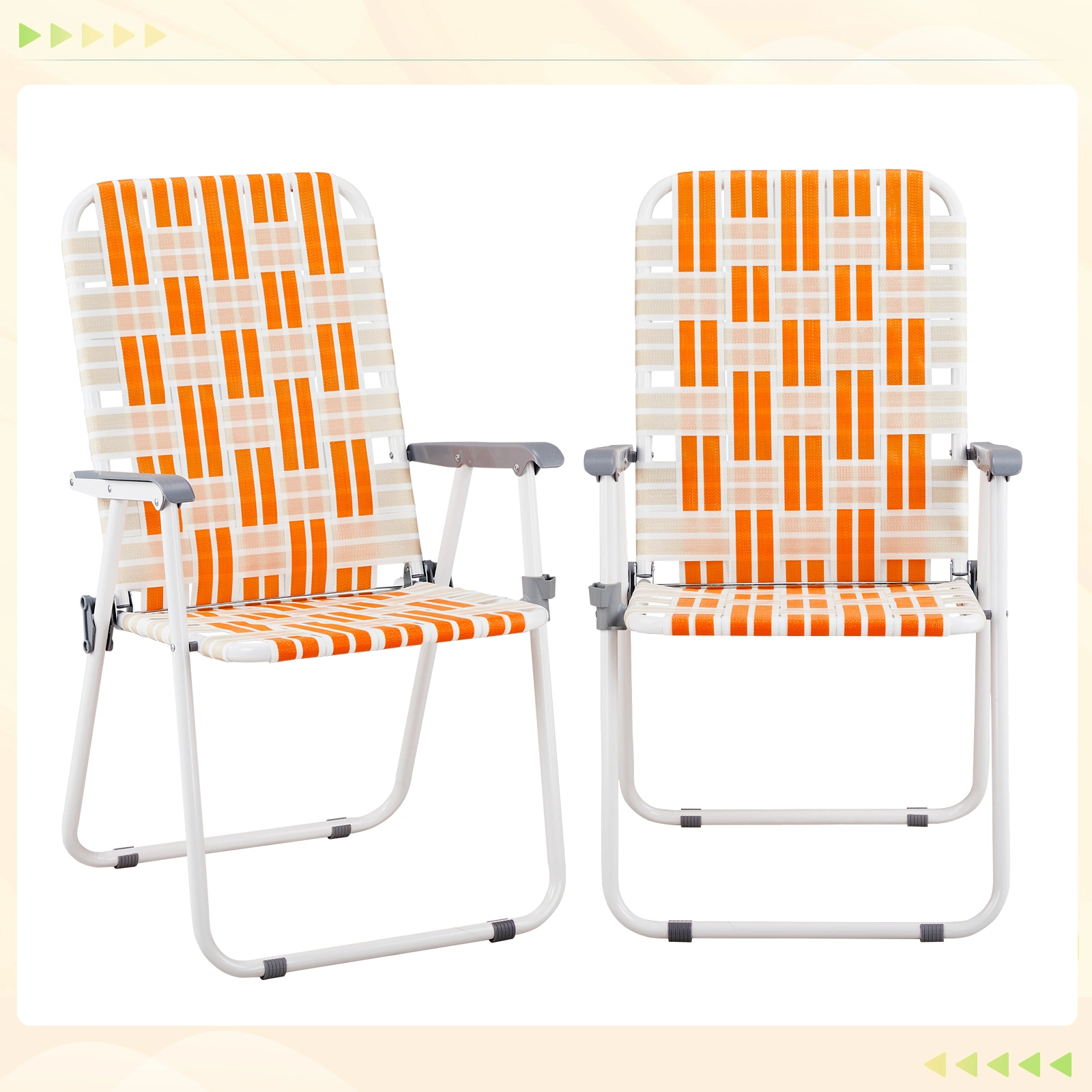 Set of 2 Webbed Folding Beach Chairs, Outdoor Portable Chair for Camping Fishing Poolside Patio, Orange & White view 12