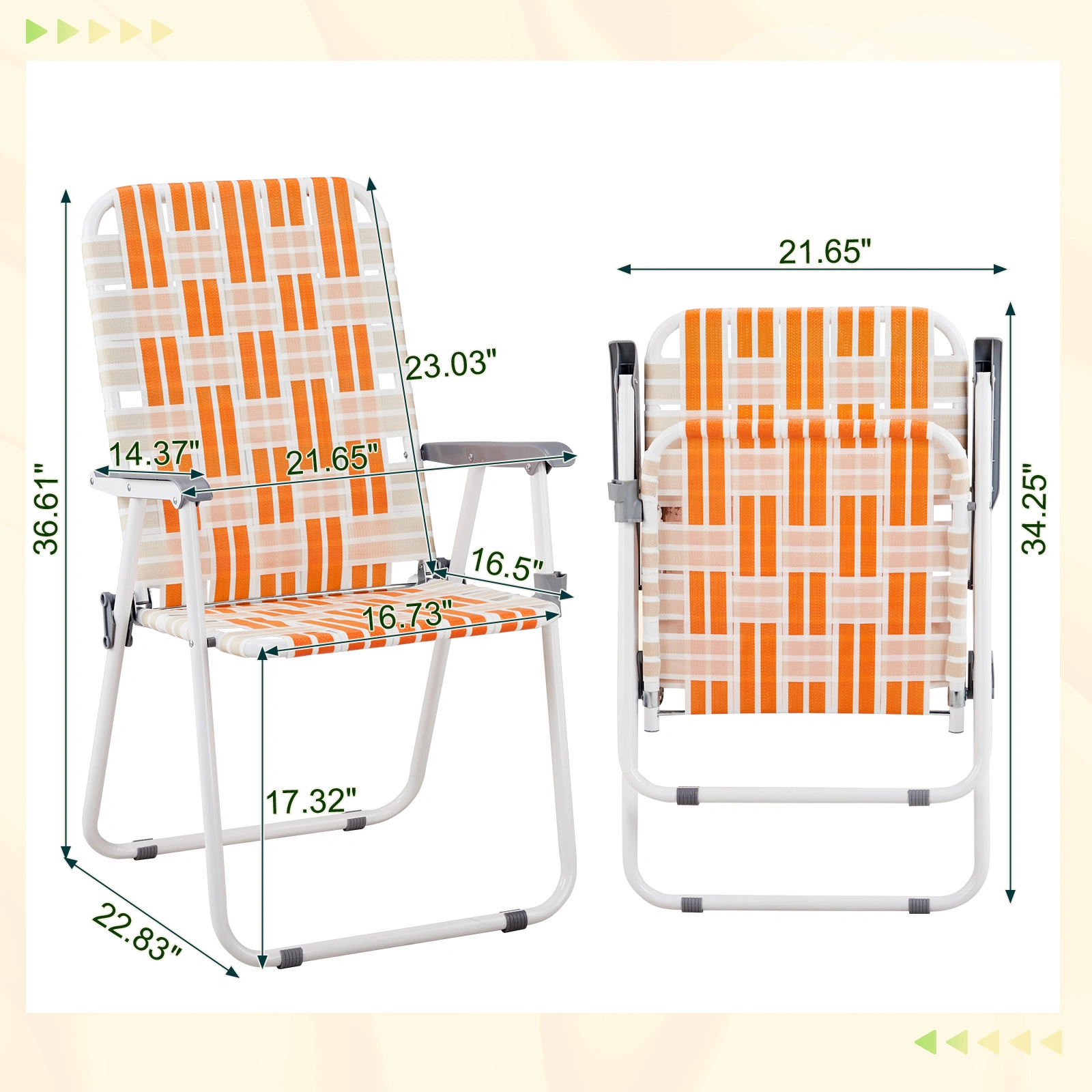 Set of 2 Webbed Folding Beach Chairs, Outdoor Portable Chair for Camping Fishing Poolside Patio, Orange & White view 13