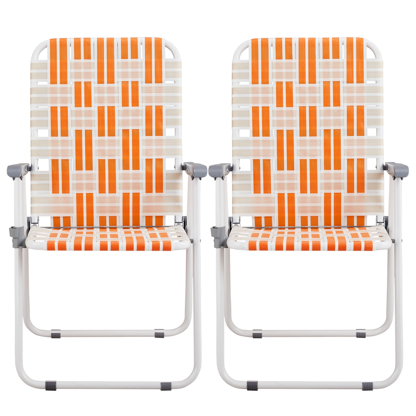 Set of 2 Webbed Folding Beach Chairs, Outdoor Portable Chair for Camping Fishing Poolside Patio, Orange & White view 14