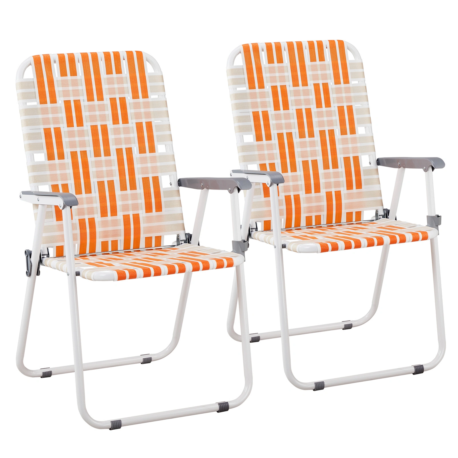 Set of 2 Webbed Folding Beach Chairs, Outdoor Portable Chair for Camping Fishing Poolside Patio, Orange & White view 15