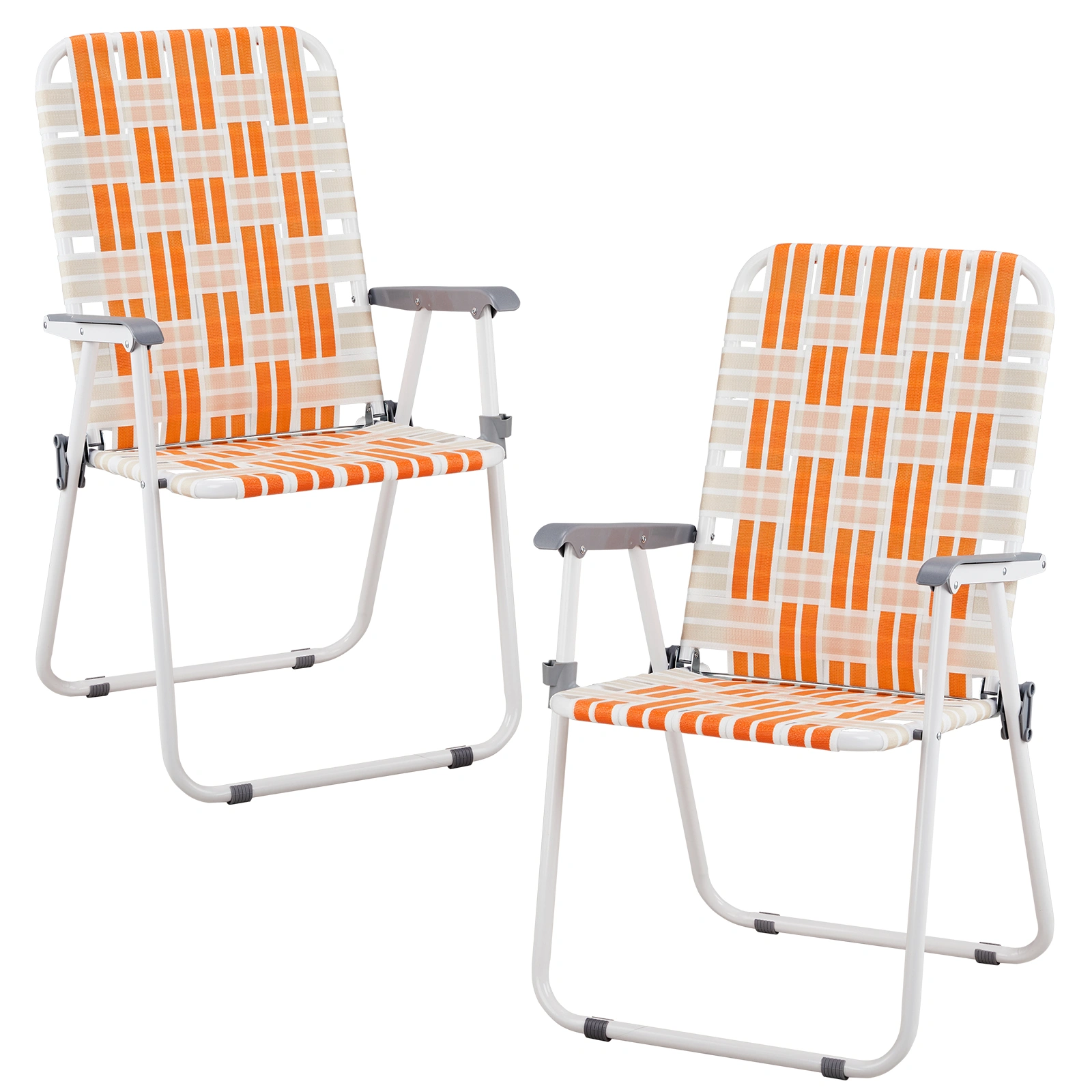 Set of 2 Webbed Folding Beach Chairs, Outdoor Portable Chair for Camping Fishing Poolside Patio, Orange & White view 16
