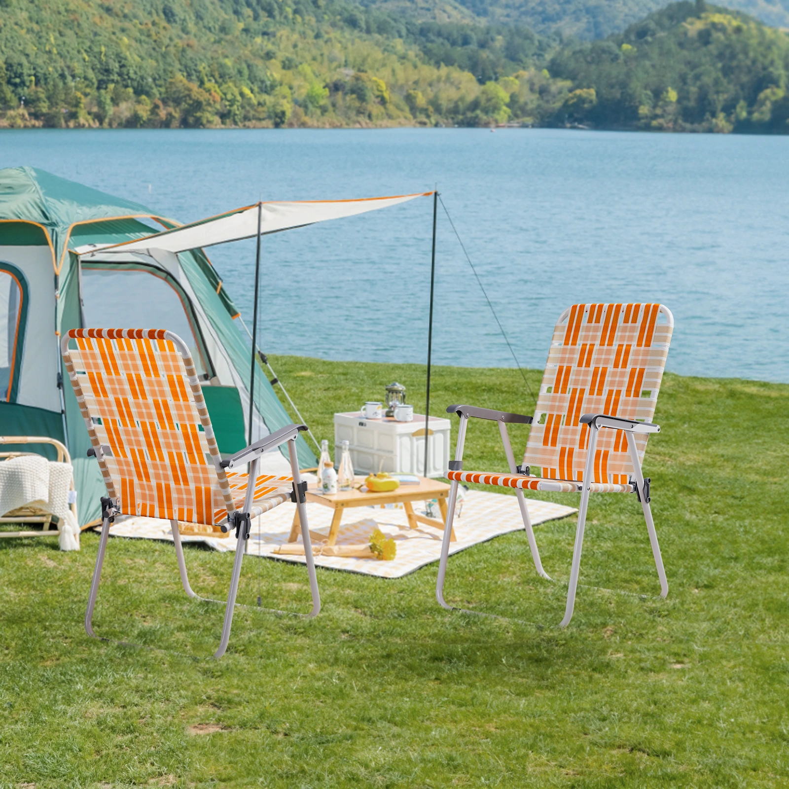 Set of 2 Webbed Folding Beach Chairs, Outdoor Portable Chair for Camping Fishing Poolside Patio, Orange & White view 17