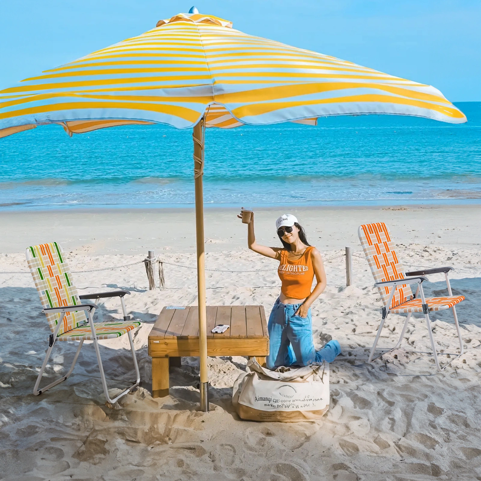 Set of 2 Webbed Folding Beach Chairs, Outdoor Portable Chair for Camping Fishing Poolside Patio, Orange & White view 18
