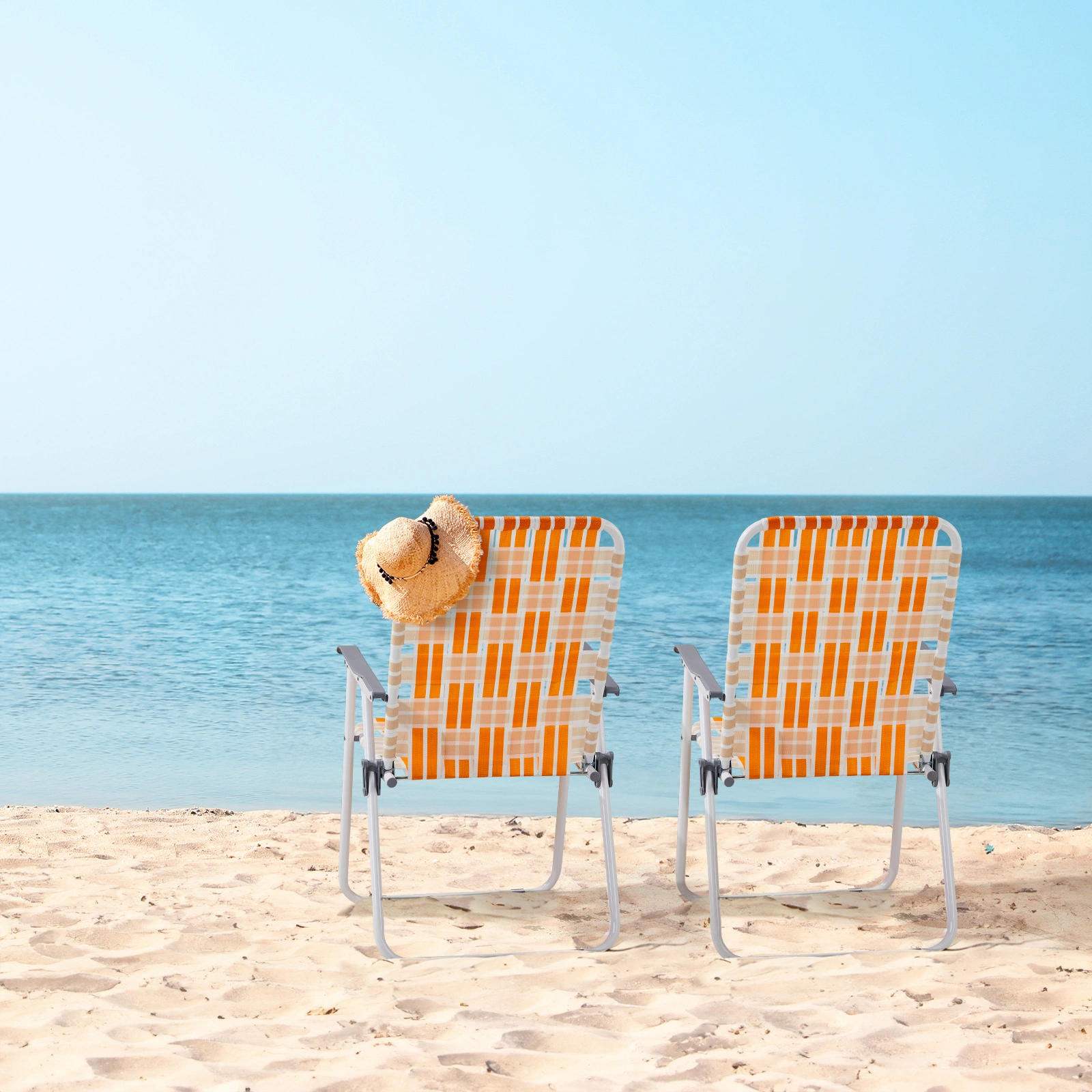 Set of 2 Webbed Folding Beach Chairs, Outdoor Portable Chair for Camping Fishing Poolside Patio, Orange & White view 2