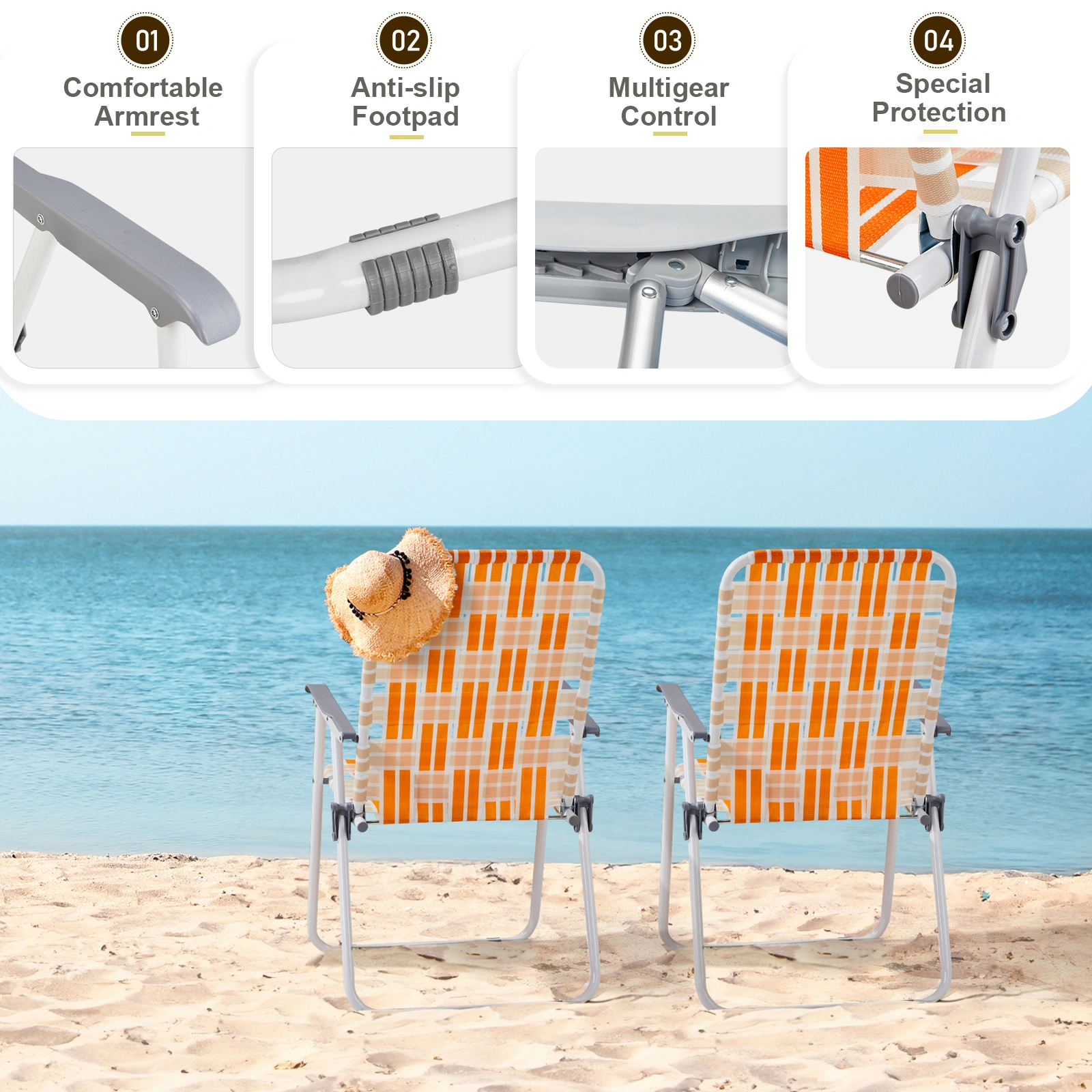 Set of 2 Webbed Folding Beach Chairs, Outdoor Portable Chair for Camping Fishing Poolside Patio, Orange & White view 3