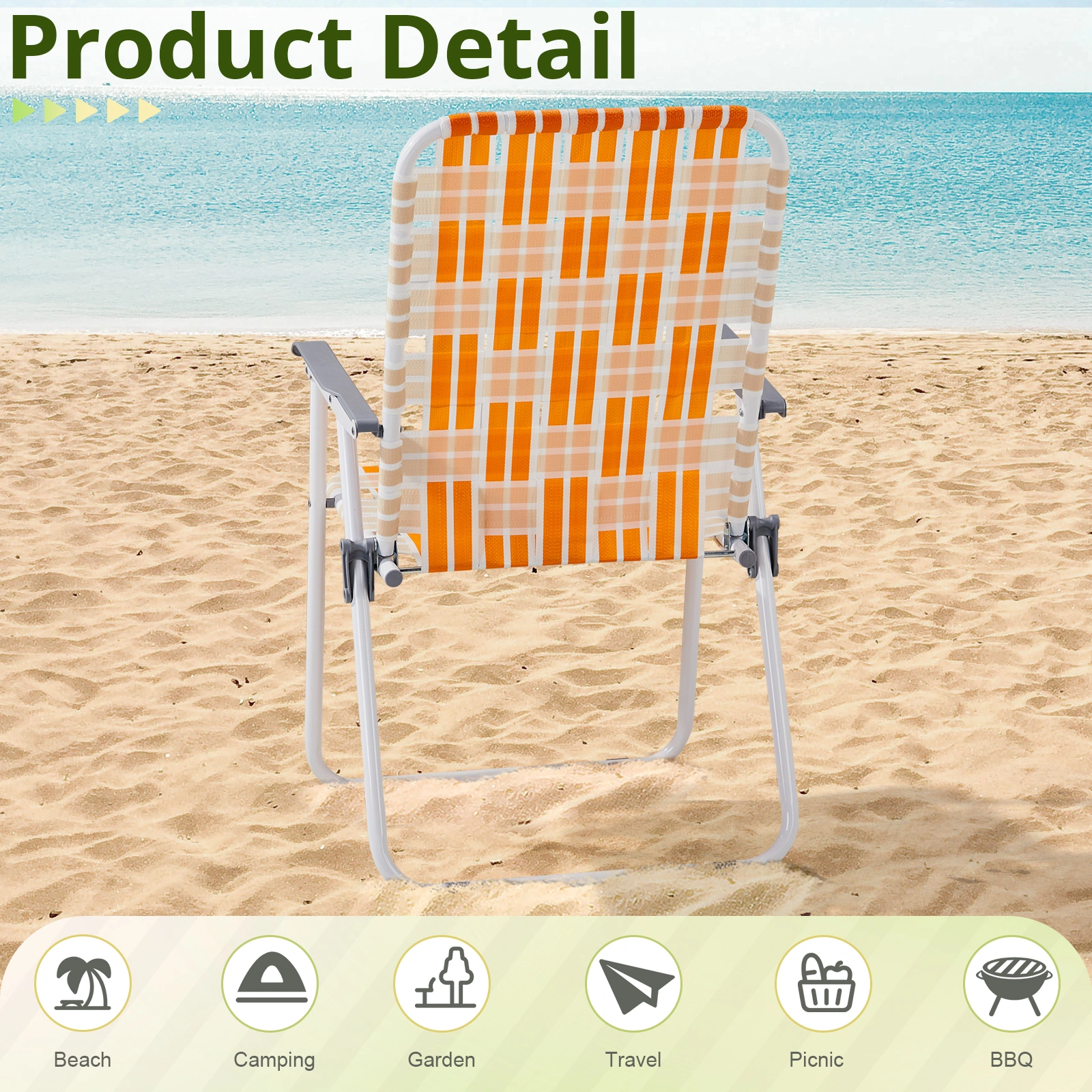 Set of 2 Webbed Folding Beach Chairs, Outdoor Portable Chair for Camping Fishing Poolside Patio, Orange & White view 4