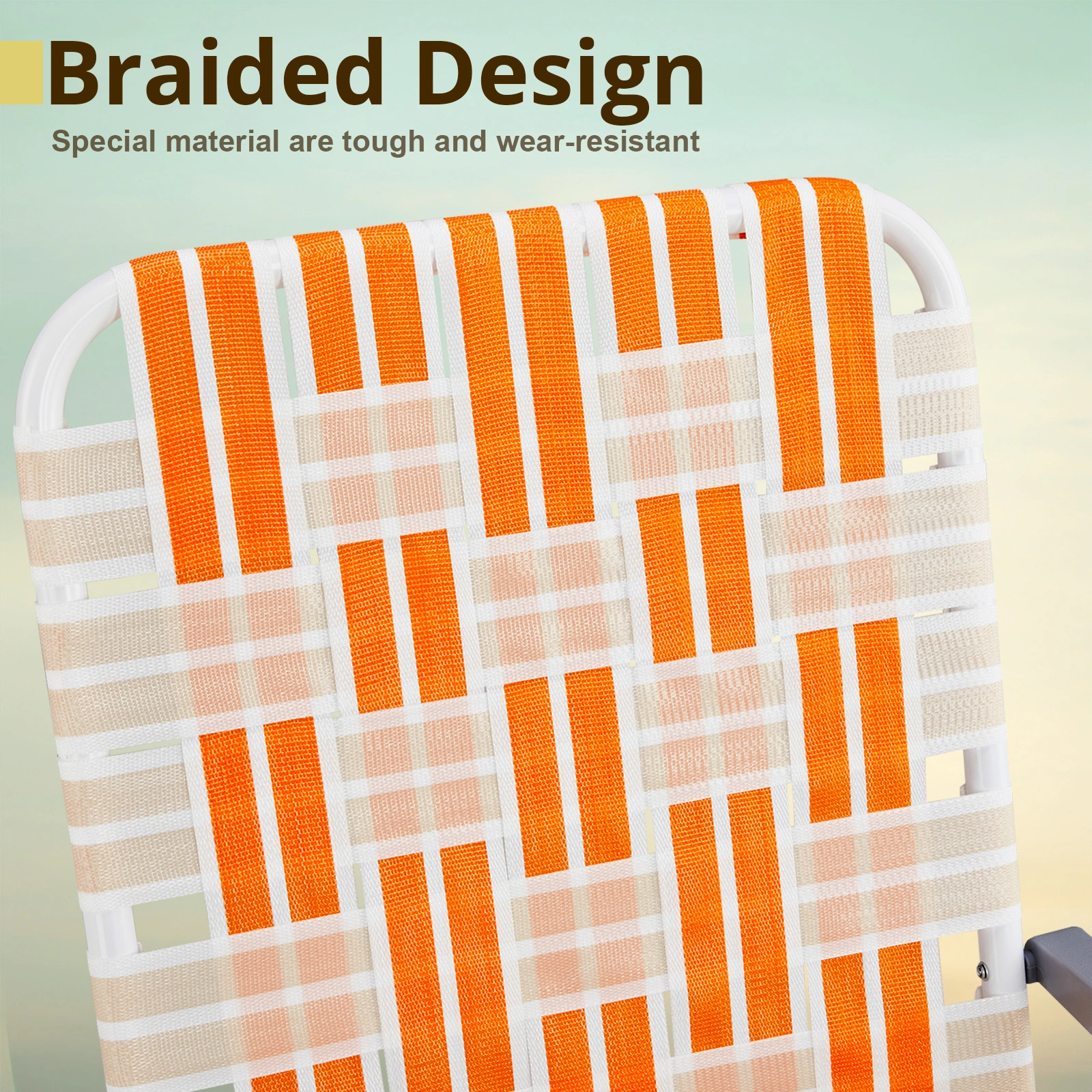 Set of 2 Webbed Folding Beach Chairs, Outdoor Portable Chair for Camping Fishing Poolside Patio, Orange & White view 5