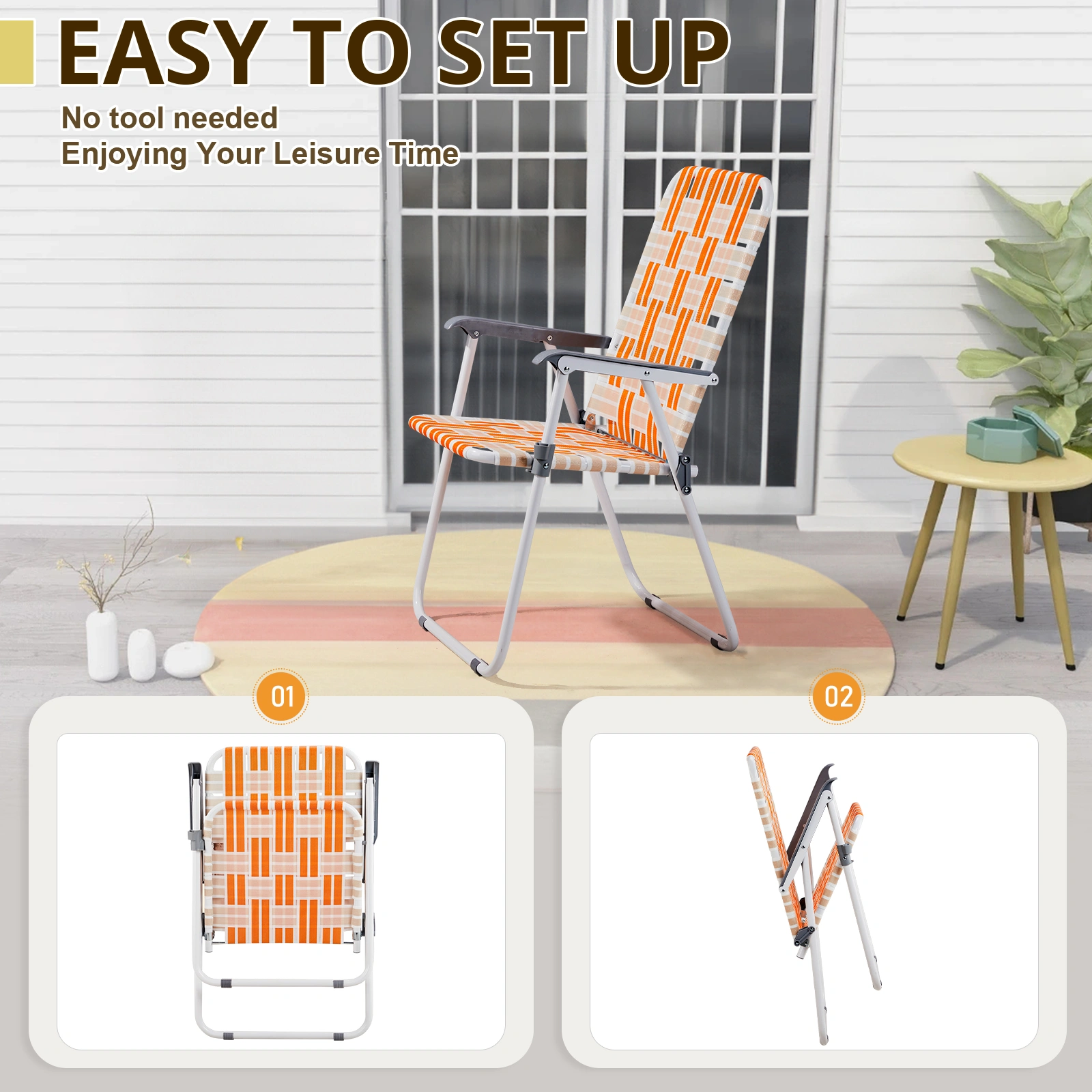 Set of 2 Webbed Folding Beach Chairs, Outdoor Portable Chair for Camping Fishing Poolside Patio, Orange & White view 6