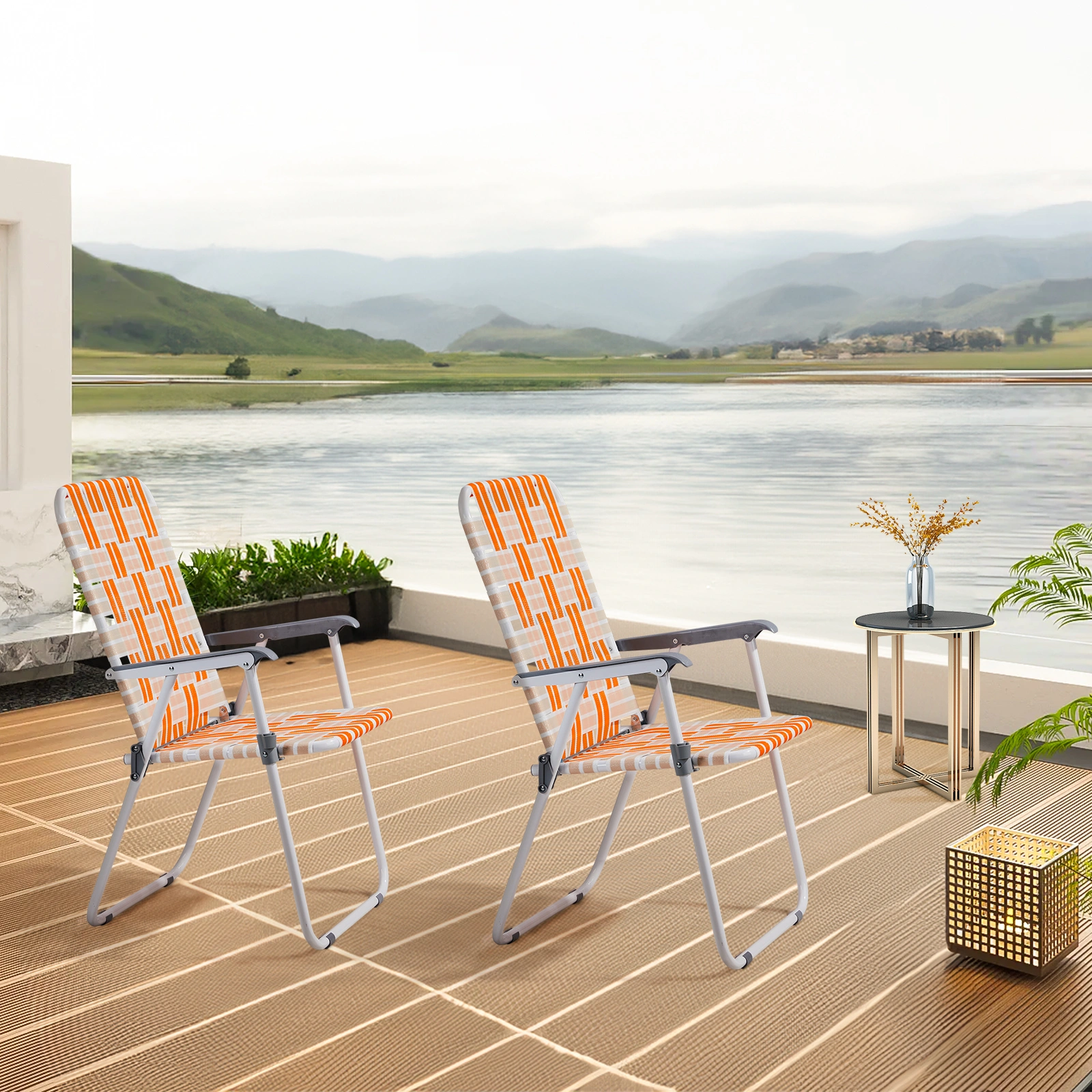 Set of 2 Webbed Folding Beach Chairs, Outdoor Portable Chair for Camping Fishing Poolside Patio, Orange & White view 7