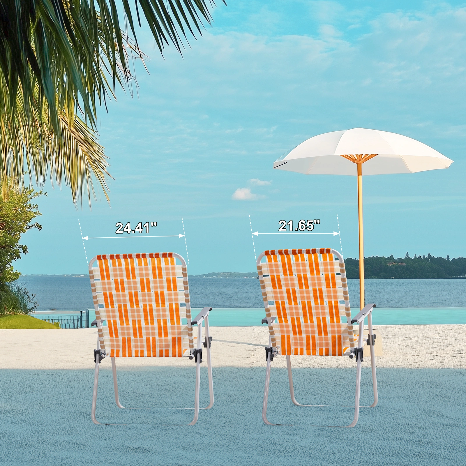 Set of 2 Webbed Folding Beach Chairs, Outdoor Portable Chair for Camping Fishing Poolside Patio, Orange & White view 8