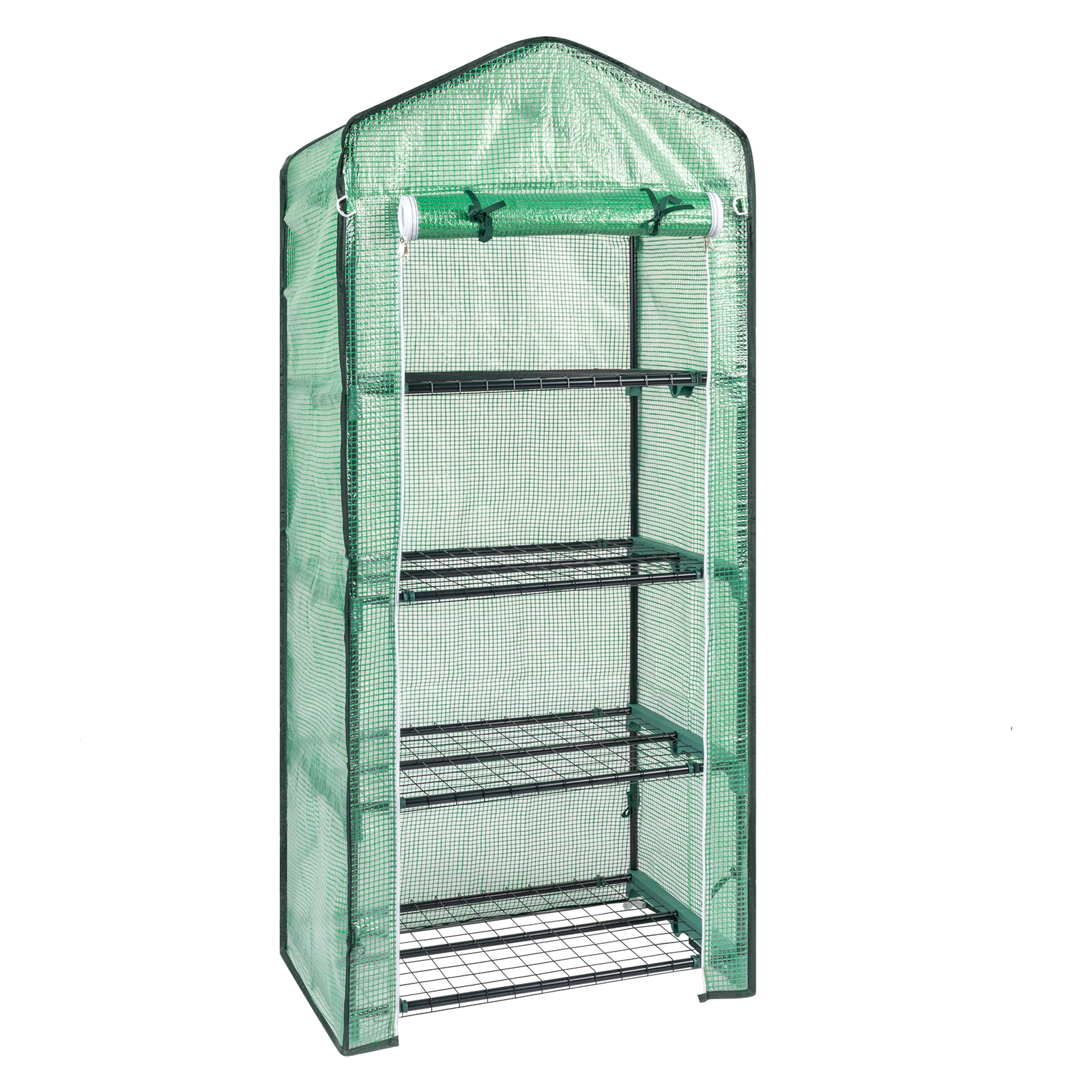 4-Tier Black Metal Flower Stand 69x49x160cm - Iron Pipe Plant Rack with Zipper Roll-Up Door & PE Cover, Grid Shelves, Pointed Top