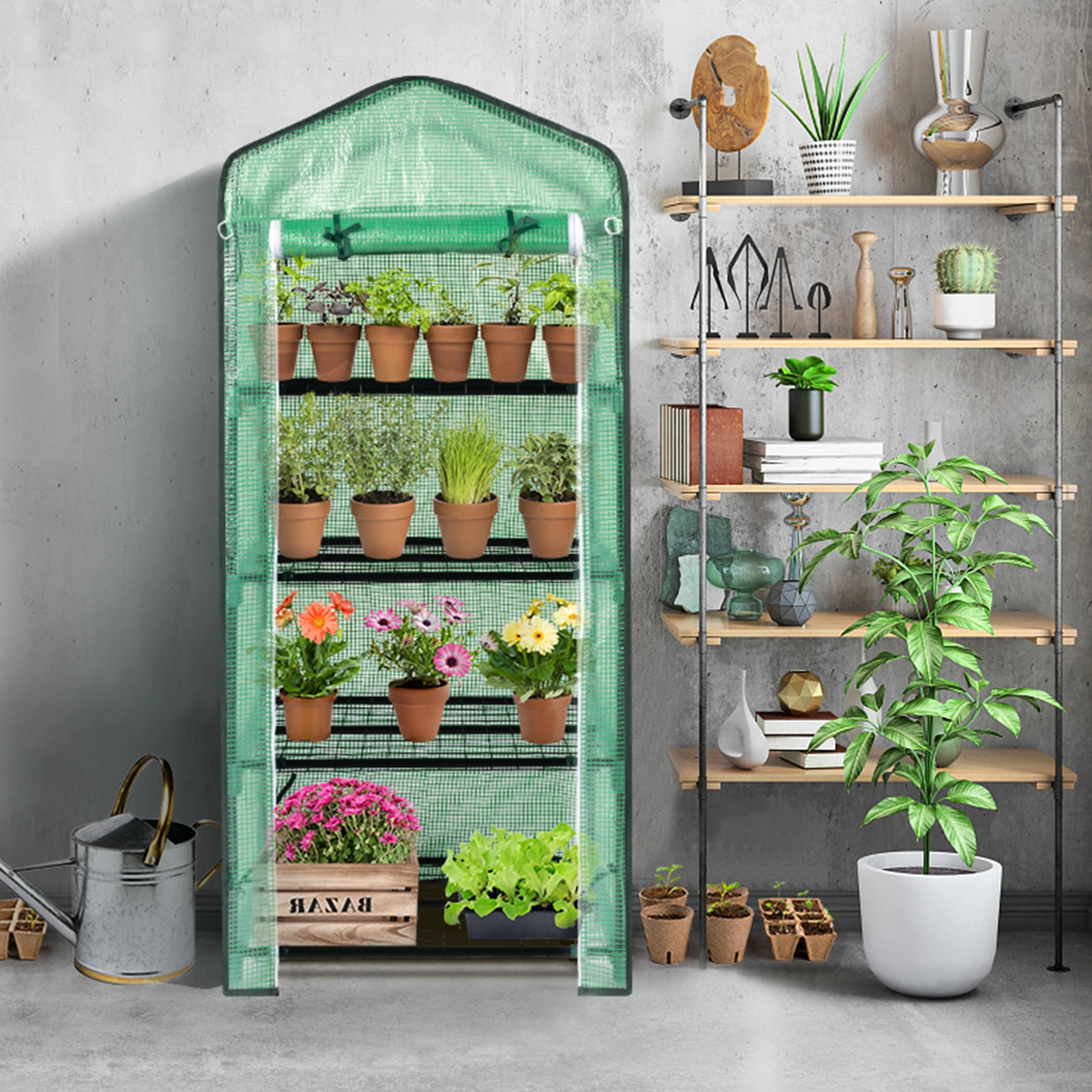 4-Tier Black Metal Flower Stand 69x49x160cm - Iron Pipe Plant Rack with Zipper Roll-Up Door & PE Cover, Grid Shelves, Pointed Top view 10