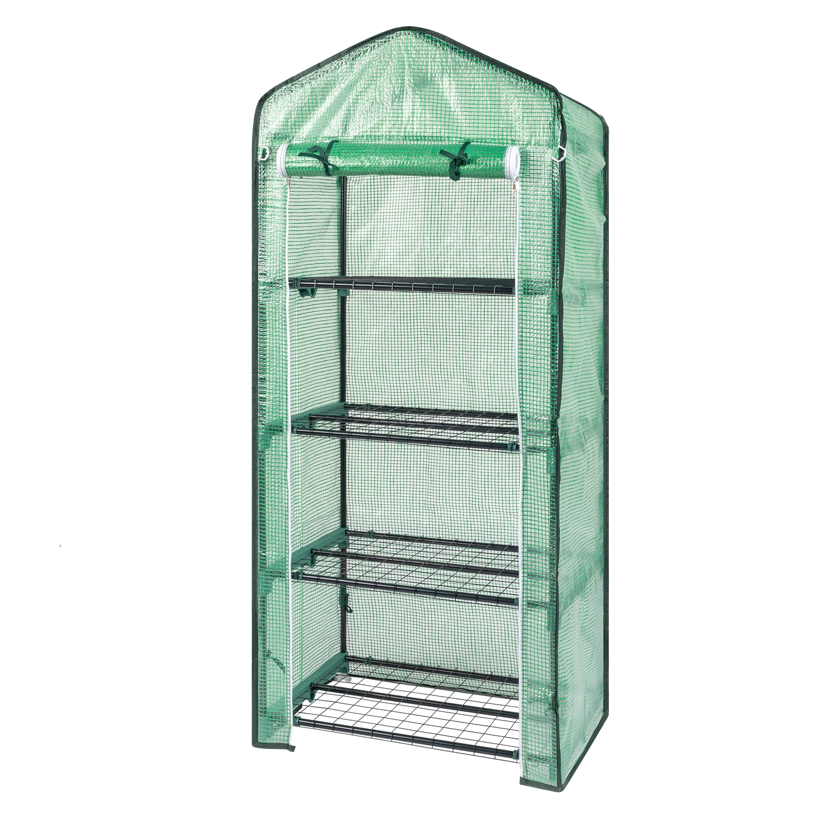 4-Tier Black Metal Flower Stand 69x49x160cm - Iron Pipe Plant Rack with Zipper Roll-Up Door & PE Cover, Grid Shelves, Pointed Top view 16