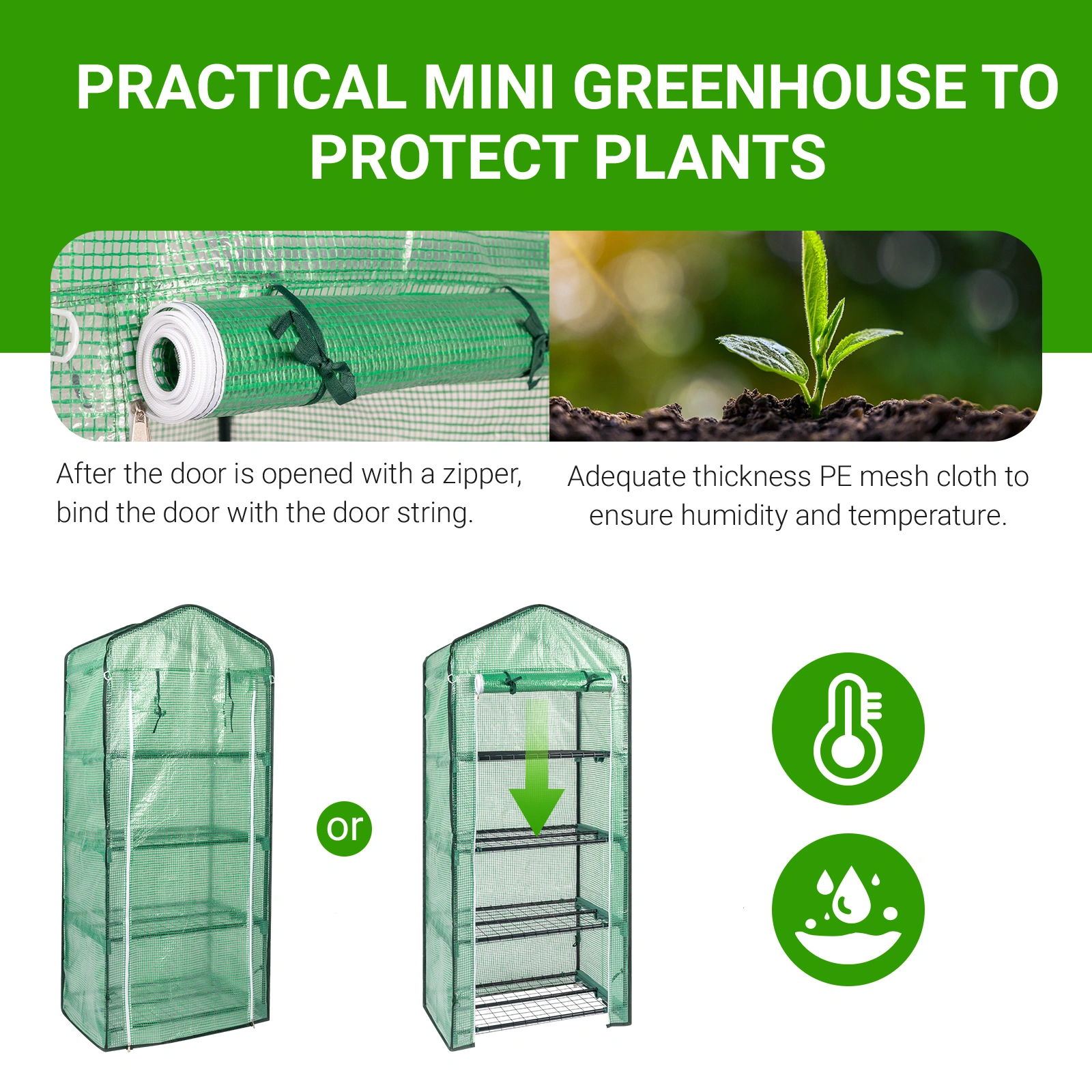 4-Tier Black Metal Flower Stand 69x49x160cm - Iron Pipe Plant Rack with Zipper Roll-Up Door & PE Cover, Grid Shelves, Pointed Top view 17