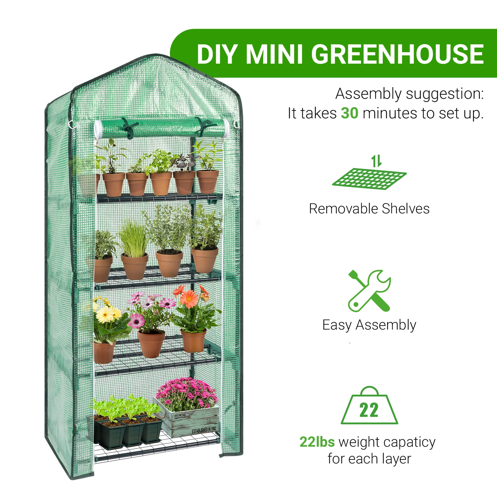 4-Tier Black Metal Flower Stand 69x49x160cm - Iron Pipe Plant Rack with Zipper Roll-Up Door & PE Cover, Grid Shelves, Pointed Top view 18