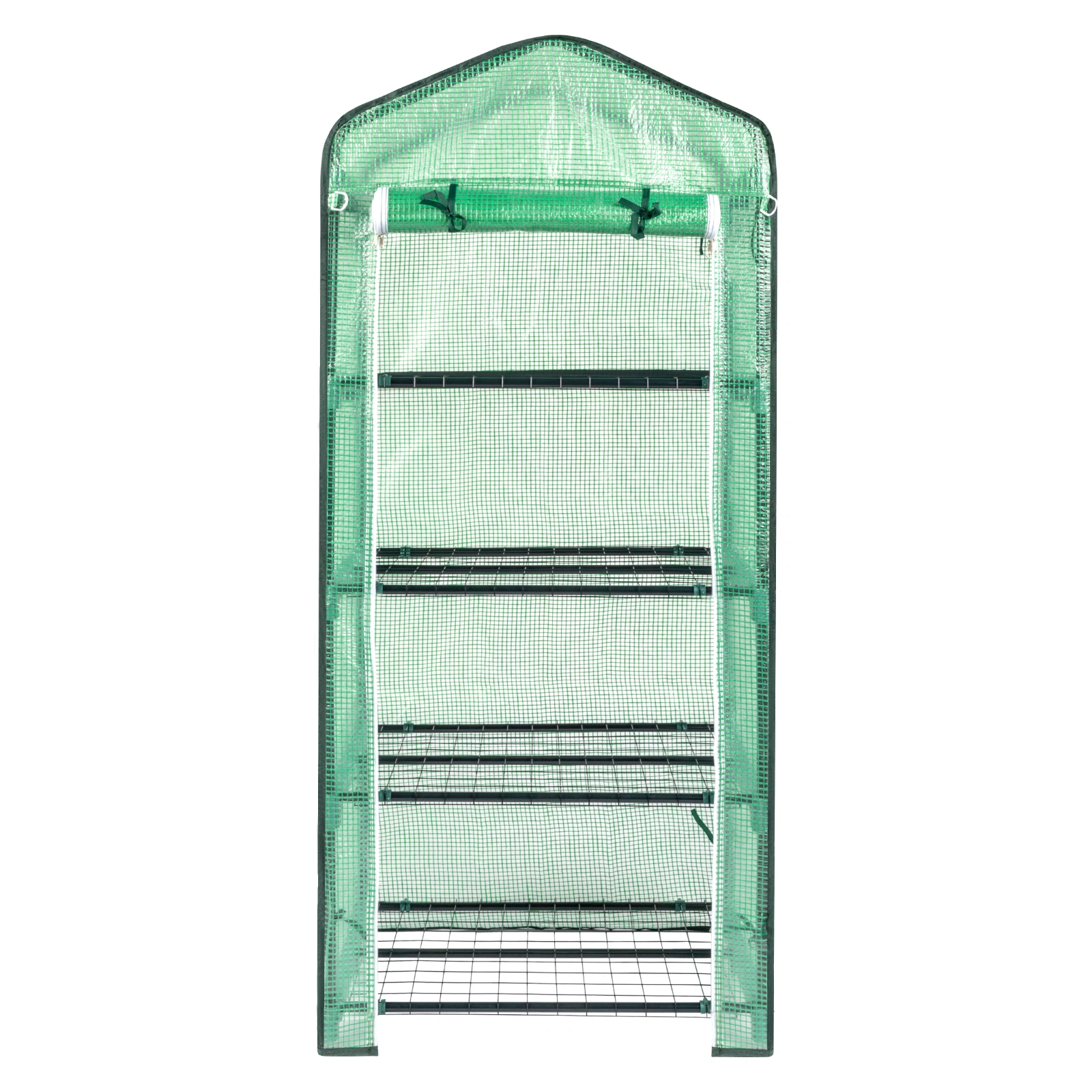 4-Tier Black Metal Flower Stand 69x49x160cm - Iron Pipe Plant Rack with Zipper Roll-Up Door & PE Cover, Grid Shelves, Pointed Top view 19
