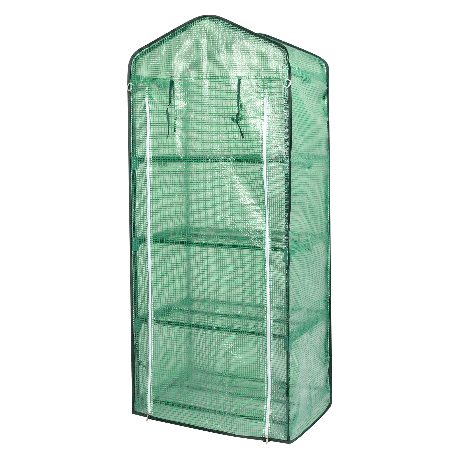 4-Tier Black Metal Flower Stand 69x49x160cm - Iron Pipe Plant Rack with Zipper Roll-Up Door & PE Cover, Grid Shelves, Pointed Top view 21