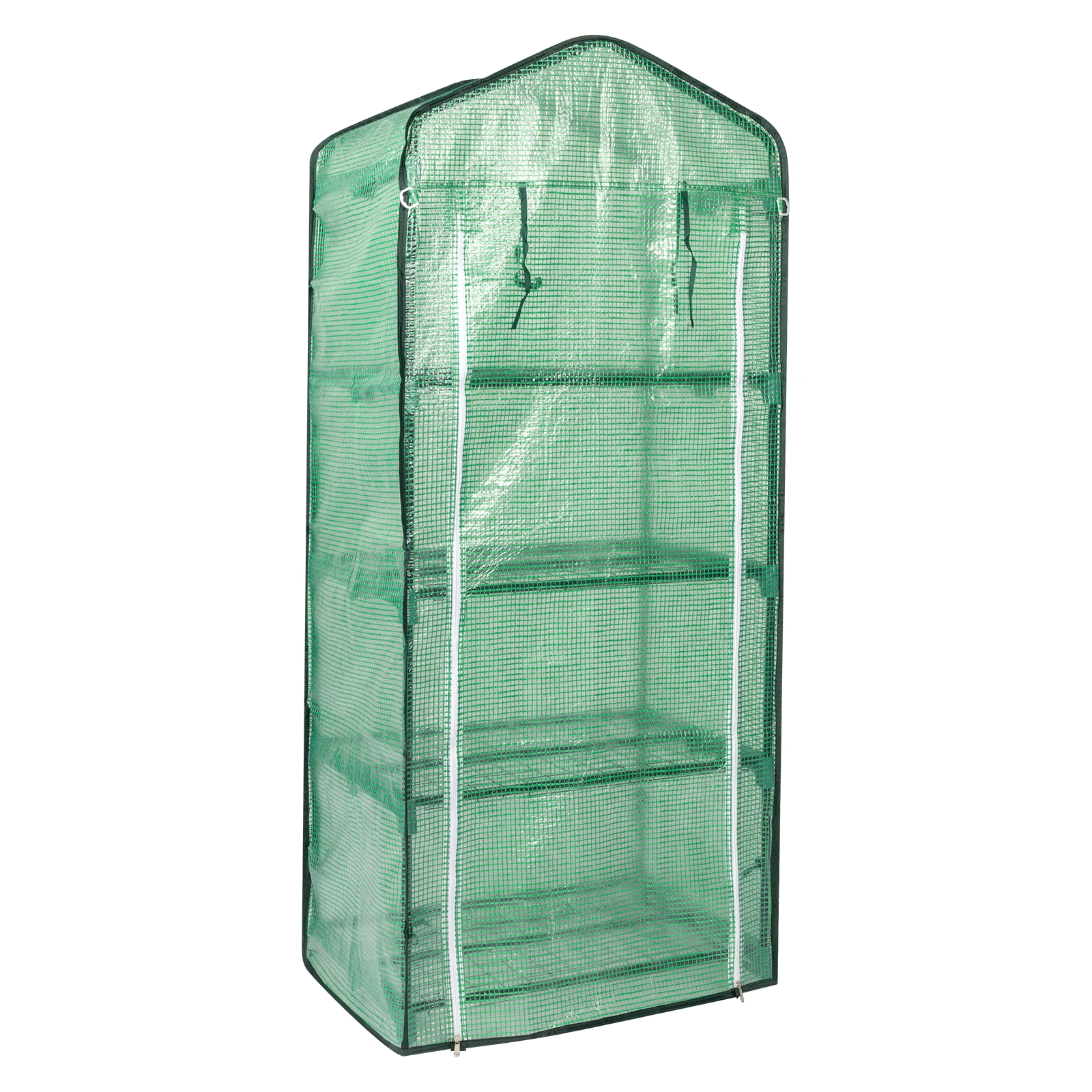4-Tier Black Metal Flower Stand 69x49x160cm - Iron Pipe Plant Rack with Zipper Roll-Up Door & PE Cover, Grid Shelves, Pointed Top view 22