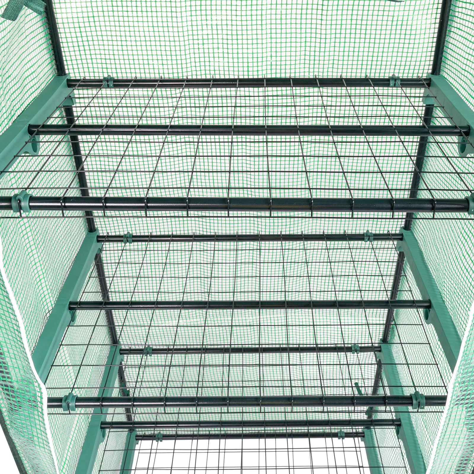 4-Tier Black Metal Flower Stand 69x49x160cm - Iron Pipe Plant Rack with Zipper Roll-Up Door & PE Cover, Grid Shelves, Pointed Top view 26