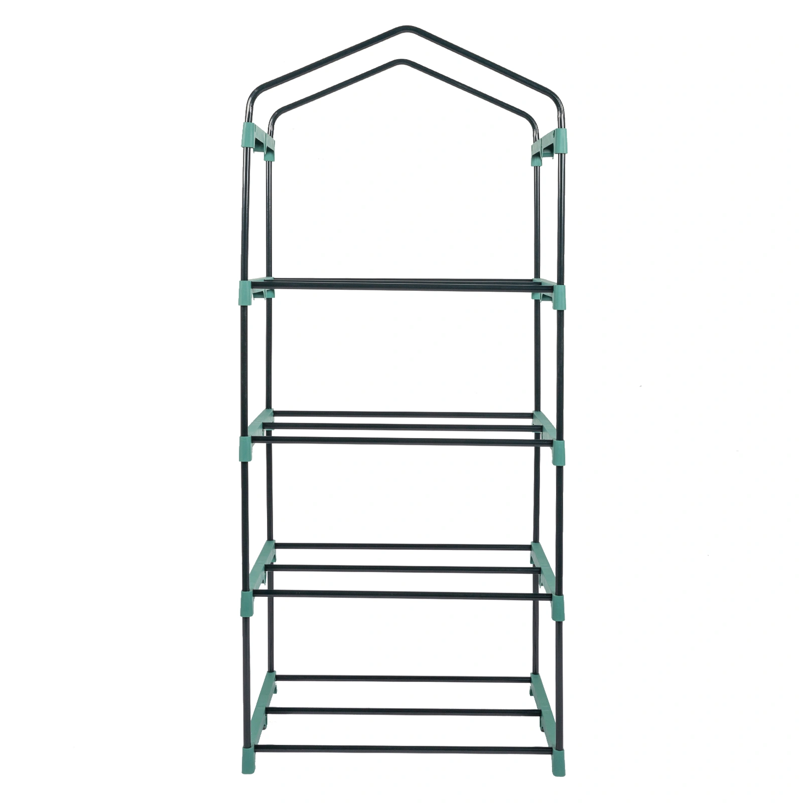 4-Tier Black Metal Flower Stand 69x49x160cm - Iron Pipe Plant Rack with Zipper Roll-Up Door & PE Cover, Grid Shelves, Pointed Top view 28