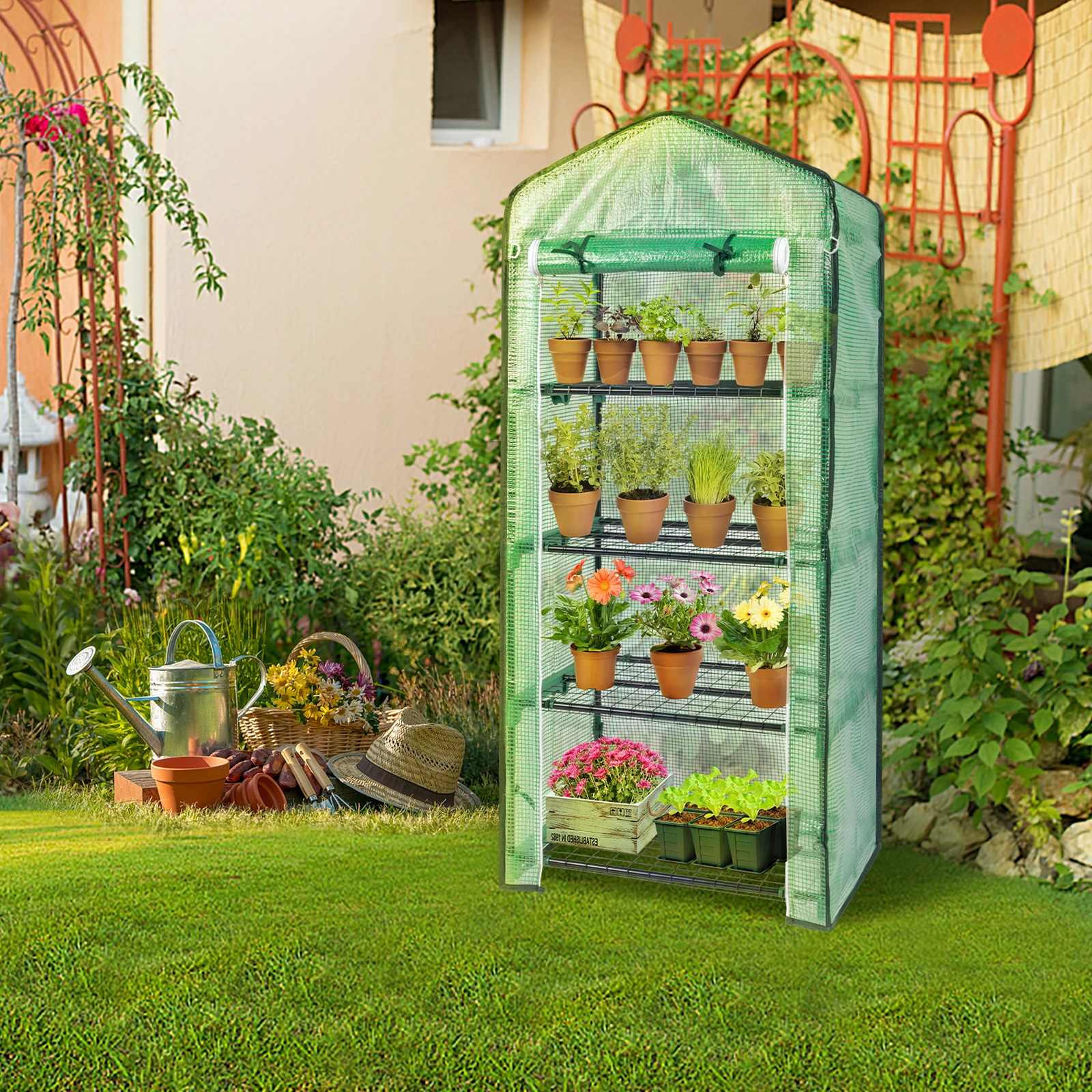 4-Tier Black Metal Flower Stand 69x49x160cm - Iron Pipe Plant Rack with Zipper Roll-Up Door & PE Cover, Grid Shelves, Pointed Top view 3