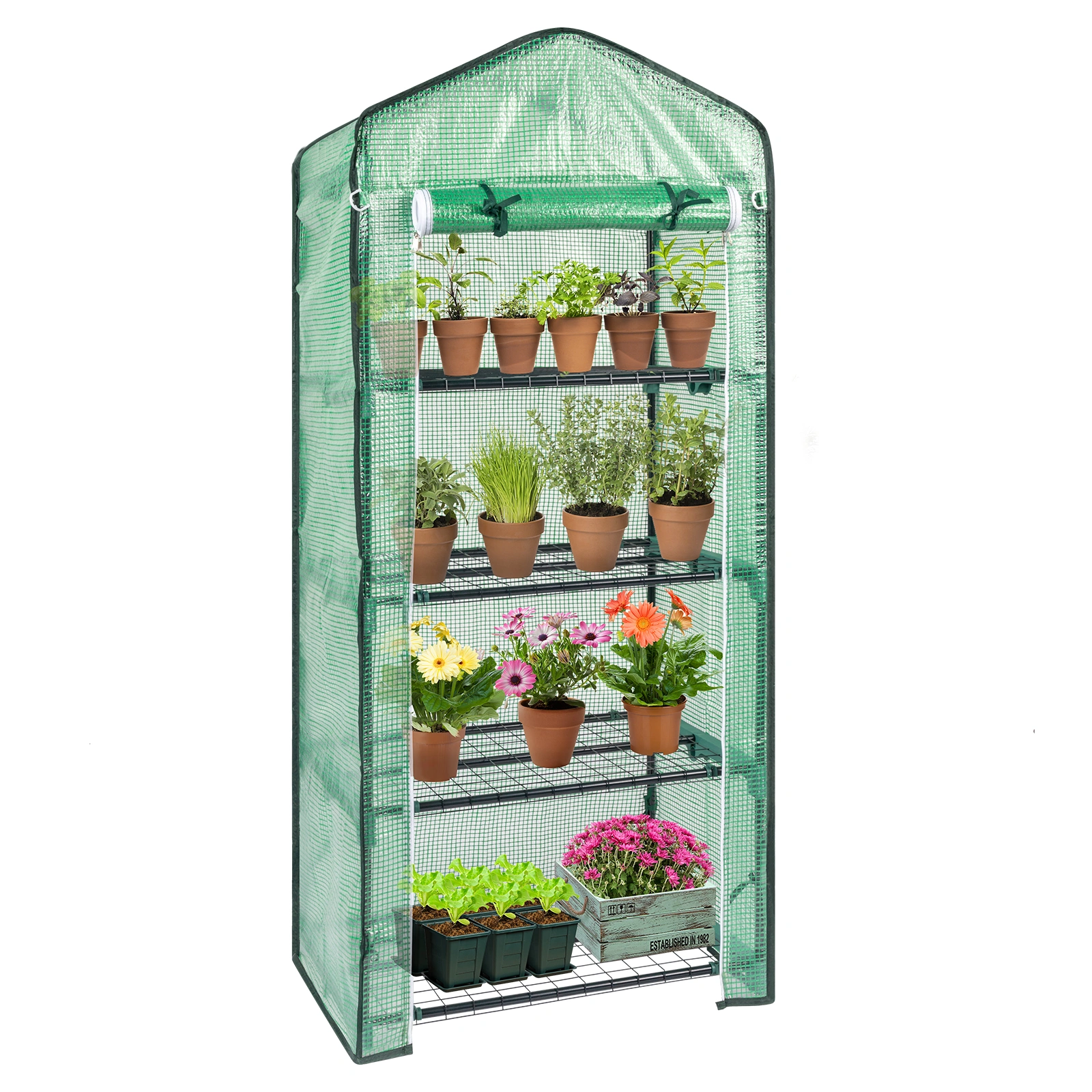 4-Tier Black Metal Flower Stand 69x49x160cm - Iron Pipe Plant Rack with Zipper Roll-Up Door & PE Cover, Grid Shelves, Pointed Top view 5