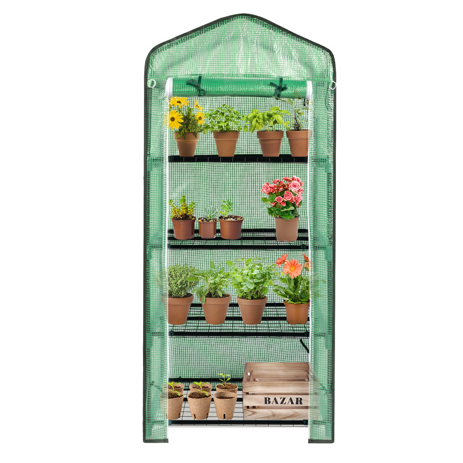 4-Tier Black Metal Flower Stand 69x49x160cm - Iron Pipe Plant Rack with Zipper Roll-Up Door & PE Cover, Grid Shelves, Pointed Top view 6