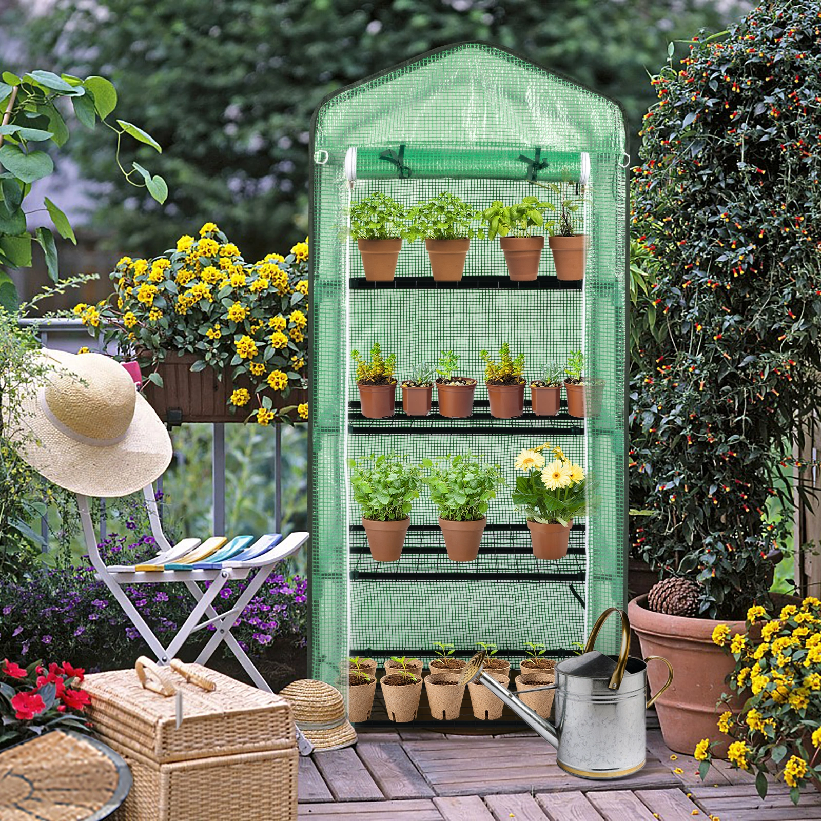 4-Tier Black Metal Flower Stand 69x49x160cm - Iron Pipe Plant Rack with Zipper Roll-Up Door & PE Cover, Grid Shelves, Pointed Top view 7
